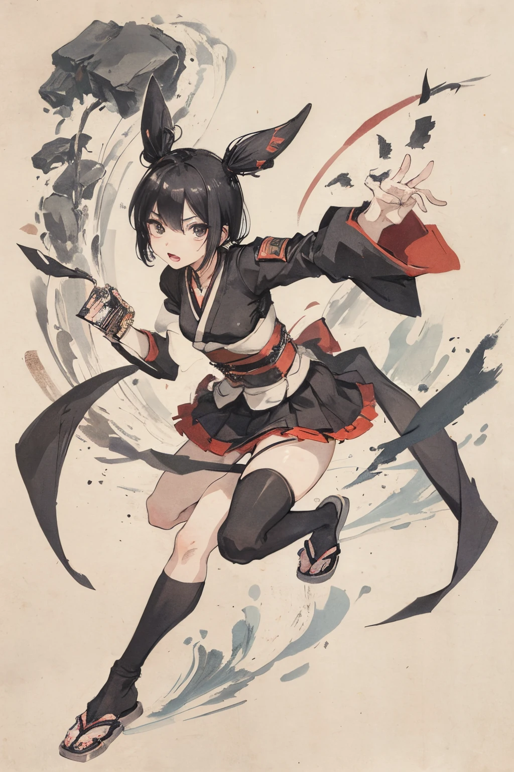 sparrow, ninja, black hair, teen, stocking, black eyes, short hair, girl, shuriken, medium breasts, kimono, skirt