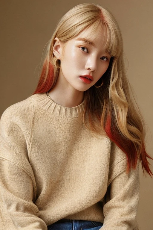 women are beige,a 20 yo woman、Pattsun bangs、straight haired、two-colored hair: red and beige、wearing sweater、Retro、Fashion Editorial