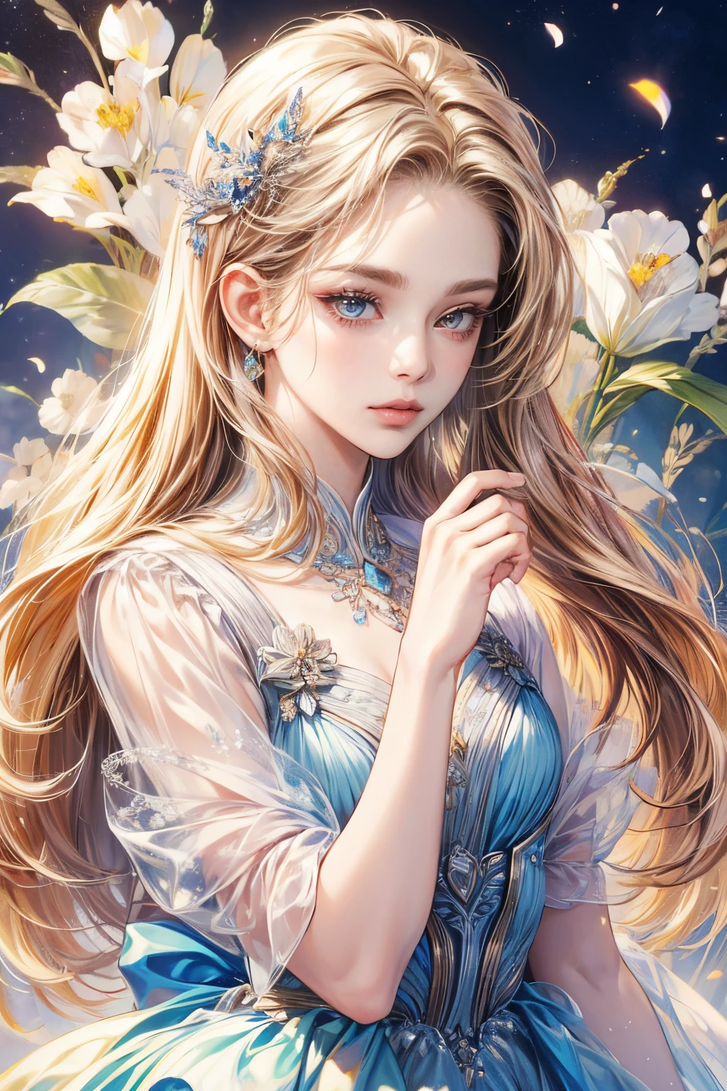 (best quality:1.4,masterpiece:1.4),ultra-high resolution,8K,CG,exquisite,upper body,lonely,thumb girl, princess,Taffeta Court Dress,floral background,detailed facial features,flowing long hair,almond-shaped eyes,delicate eye makeup,long fluttering eyelashes,sparkling eyes and starry gaze,detailed lip features,soft and harmonious style.