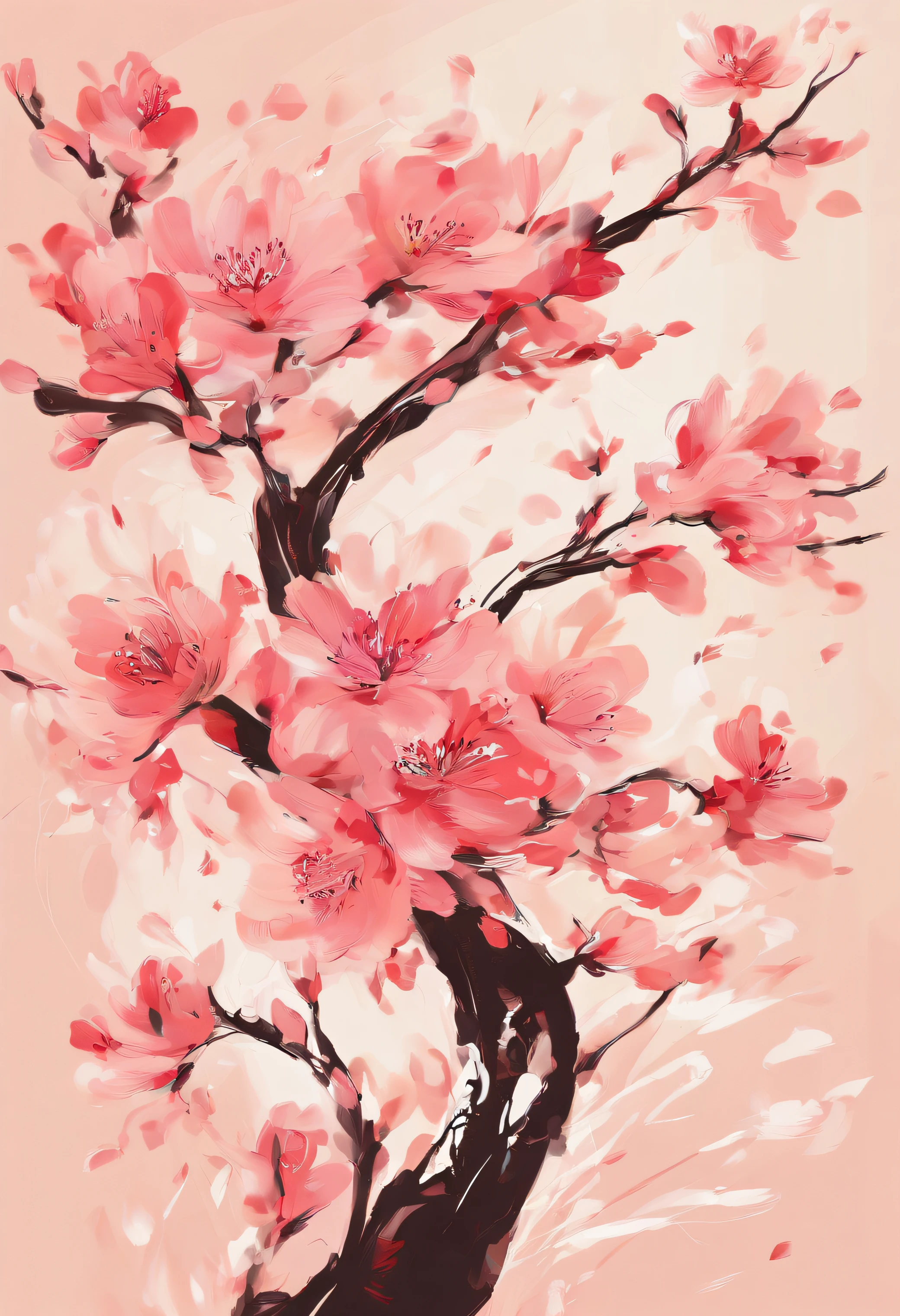Draw an abstract painting of a single flower.,pale pink cherry blossoms、Cherry blossom petals、use acrylic paint、Abstract artist known for his unique use of acrylic pouring, real brush strokes,aesthetic composition,Minimal style, soft flowing strokes、A form that makes you feel nostalgic..、pale pink of cherry blossoms、symbolizing a beautiful era gone by..、express nostalgic feelings、The main color of the work is a warm and gentle sepia tone........、Add moist compacted sand、Enhances the texture and tactile elements of your artwork, While staring at this image, oot、Interaction of color and texture、Immerse yourself in the nostalgic atmosphere、guided by nostalgia