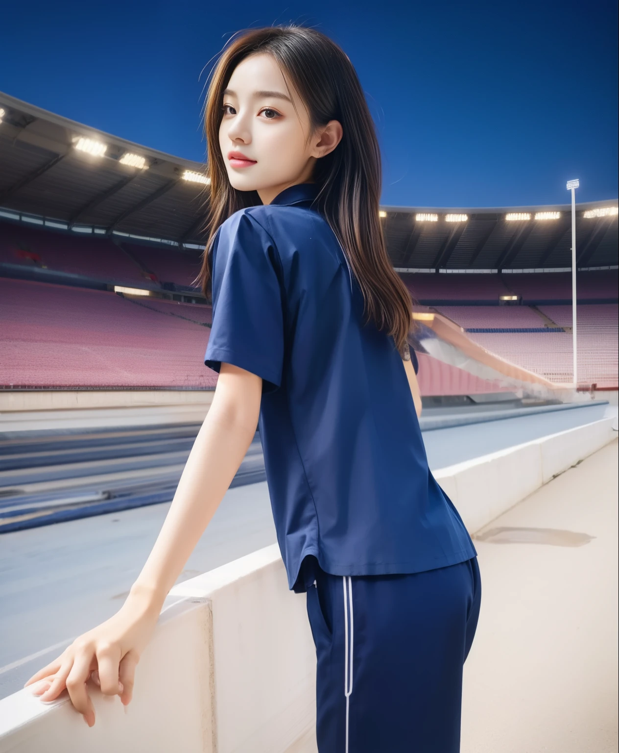 (bestquality,10,10,highres,masterpiece:1.2),ultra-detail,(Realistic,photorealistic portrait,photo-realistic:1.37),1 Cute girl in the football field,oily shiny skin,bara,light smile,BDclothelue shirt:1.3)),short sleeves,shirt, trousers.,(navy_long_Pants Track:1.1), ((Stadium Background:1.3)),dynamic angle,excited,face focus,Dynamic Poses,from behide,Ass Focus,masterpiece, bestquality, ultra realistic, hyper-detail, 8k resolution, RAW photo, crisp focus, ((Navy blue shirt:1.1)), short sleeves, Long Path, Perfect body, 2 mature women, 18yo, cinematic light,Blue sweatpants,Gymware,Correct anatomy,Complete body, Correct body, sharp face, Anatomically correct body, full entire body, Realistic gestures, long-haired, Realistic poses,Wear long shorts...............................,Long leg span,Shapely,Sculpting Girl, Slender Figure, mannequin mannequins, Shapely, Beautiful body,Blue sweatpants, Two girls kissing