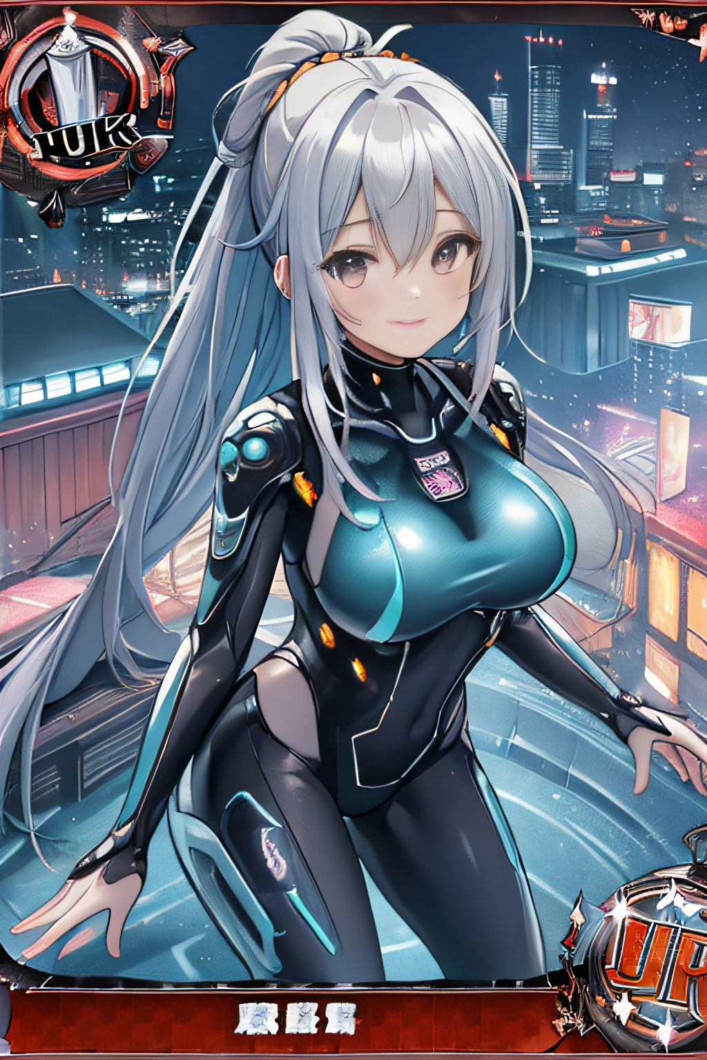 (Trading Card Game Frames:1.7),Cyber City at Night,(Gorgeous night view illumination:1.3),(Stand on the roof of a building:1.3)the actress is a very beautiful woman..(Sexy super shiny orange transparent holographic mechanical cyberpunk suit:1.3) ,(Mechanical suit that lights up with brightly colored LEDs:1.3),Surrounded by a network of wires. Surrounded by a web of circuits.Sexy face, a necklace,piercings, Happy smile.Sexy Pose, (Silver hair、Ponytail twisted buns adorned with elaborate braids and beads,Braided Setup Fishbone Hair,),(Bangs are see-through bangs),(hair pin、poneyTail、Floating hair、),breast slip,(Emphasis on large breasts:1.Professional Lighting,Cinematic Light,(masutepiece,top-quality,Ultra-high resolution output image,) ,(The 8k quality,),(Sea Art 2 Mode:1.3),,(Image Mode Ultra HD,)