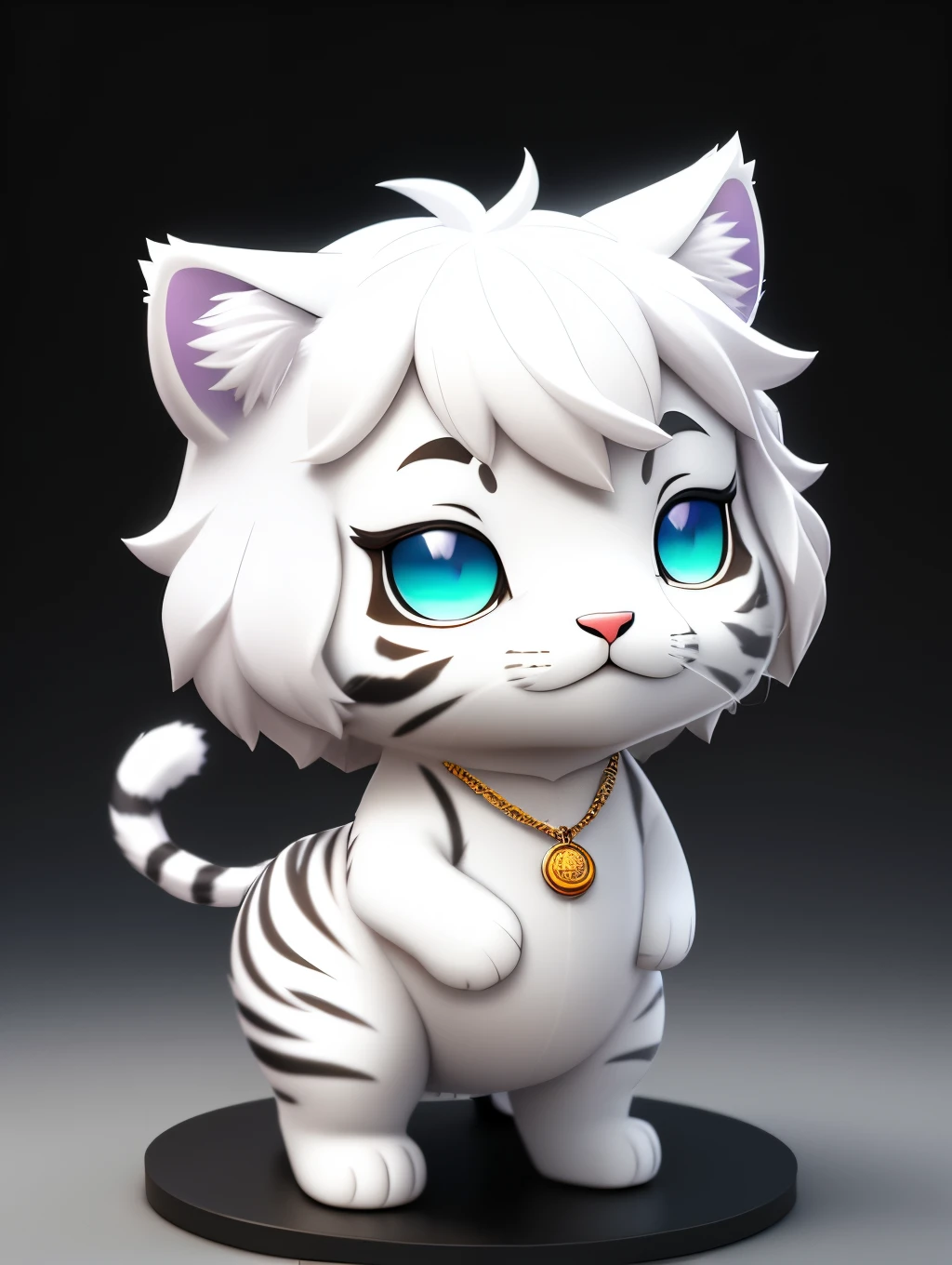 Cute little surreal white tiger with different colored eyes wearing a necklace, Chibi, adorable and fluffy, Logo Design, cartoon, cinematic lighting effect, Charming, 3D vector art, Cute and quirky, Fantasy Art, Bokeh, handdraw, Digital Painting, Soft lighting, Isometric style, 4K resolution, photo realistic render, Highly detailed clean, Vector image, photo-realistic Masterpiece, Professional Photography, Space background, Flat white background, isometric, vibrant vector