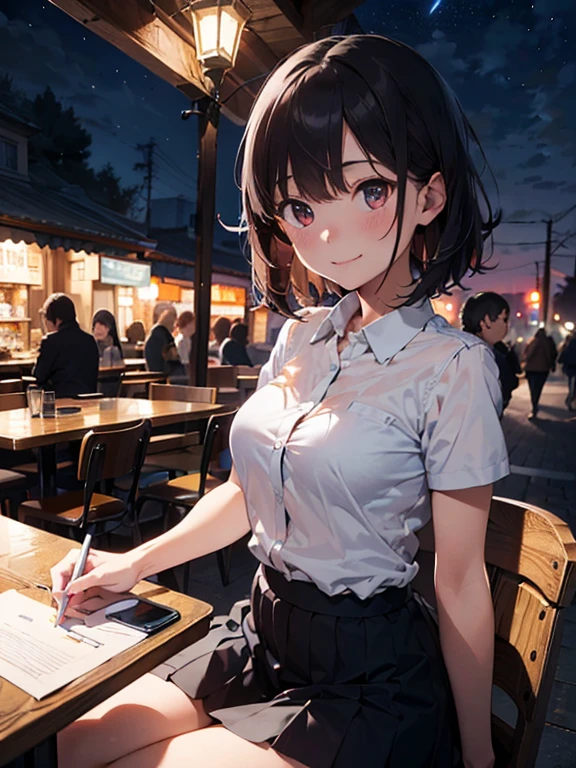 (8k, RAW photo, best quality, masterpiece:1.2), (realistic, photo-realistic:1.37), ultra-detailed, 1 girl,cute, solo,beautiful detailed sky,detailed cafe,night,sitting,dating,(nose blush),(smile:1.1),(closed mouth), medium breasts,beautiful detailed eyes,(collared shirt:1.1), bowtie,pleated skirt,(short hair:1.2),floating hair