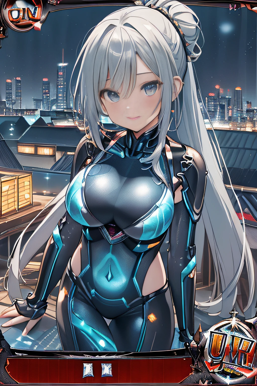 (Trading Card Game Frames:1.7),Cyber City at Night,(Gorgeous night view illumination:1.3),(Stand on the roof of a building:1.3)the actress is a very beautiful woman..(Sexy super shiny orange transparent holographic mechanical cyberpunk suit:1.3) ,(Mechanical suit that lights up with brightly colored LEDs:1.3),Surrounded by a network of wires. Surrounded by a web of circuits.Sexy face, a necklace,piercings, Happy smile.Sexy Pose, (Silver hair、Ponytail twisted buns adorned with elaborate braids and beads,Braided Setup Fishbone Hair,),(Bangs are see-through bangs),(hair pin、poneyTail、Floating hair、),breast slip,(Emphasis on large breasts:1.Professional Lighting,Cinematic Light,(masutepiece,top-quality,Ultra-high resolution output image,) ,(The 8k quality,),(Sea Art 2 Mode:1.3),,(Image Mode Ultra HD,)