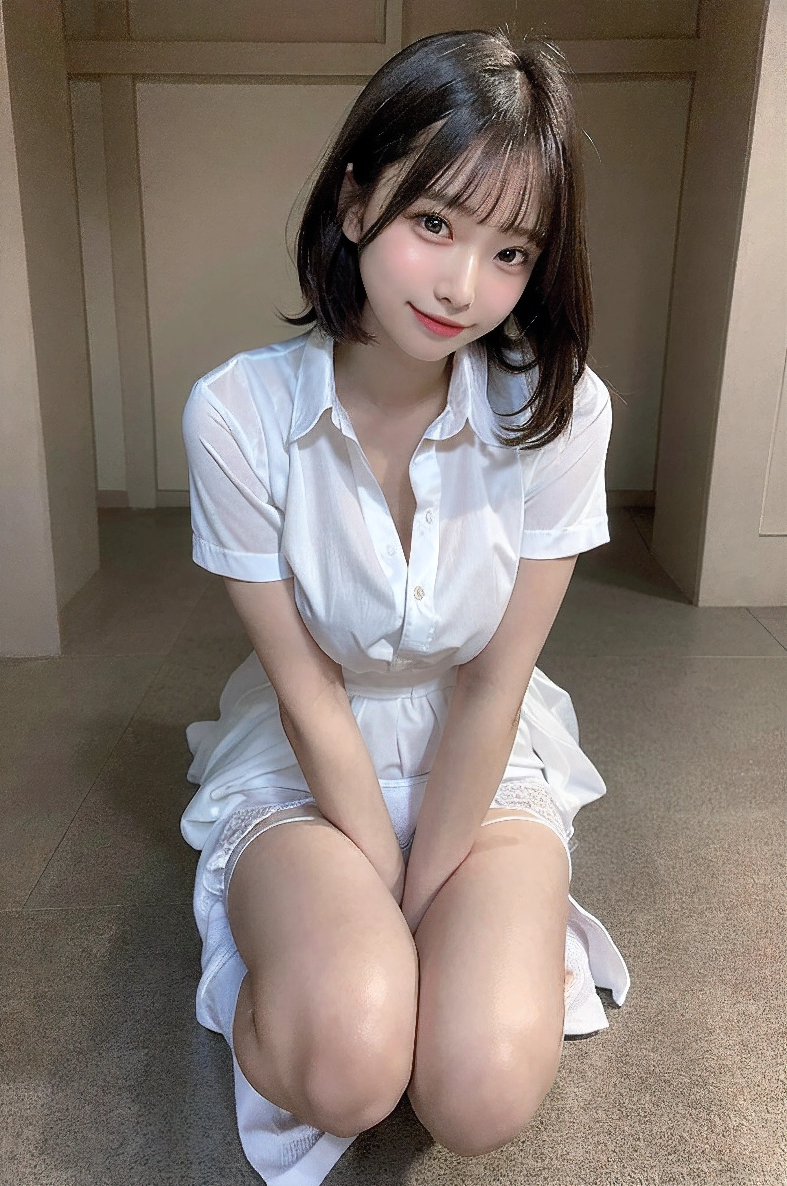 Schoolgirl、Clear skin、校服、Shirt、 Body、taller、skirt by the、((((White panty)))、(((Panchira)))、School route、Spring season、top-quality、超A high resolution、(Photorealsitic:1.4)、Beautiful eyes、Super beauty、Shorthair、Beautiful breasts、Inviting look、Sexy smile、Perfect Style、Perfect balance、Detailed skin、Naughty gaze, Flipping skirt, Get down on one knee、crouching down、From below、Skinny Legs