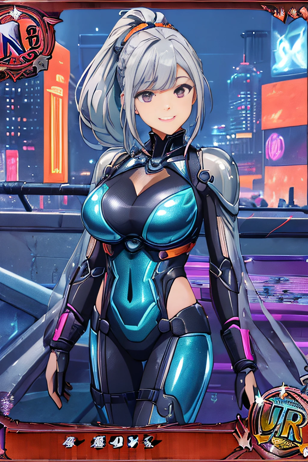 (Trading Card Game Frames:1.7),Cyber City at Night,(Gorgeous night view illumination:1.3),(Stand on the roof of a building:1.3)the actress is a very beautiful woman..(Sexy super shiny orange transparent holographic mechanical cyberpunk suit:1.3) ,(Mechanical suit that lights up with brightly colored LEDs:1.3),Surrounded by a network of wires. Surrounded by a web of circuits.Sexy face, a necklace,piercings, Happy smile.Sexy Pose, (Silver hair、Ponytail twisted buns adorned with elaborate braids and beads,Braided Setup Fishbone Hair,),(Bangs are see-through bangs),(hair pin、poneyTail、Floating hair、),breast slip,(Emphasis on large breasts:1.Professional Lighting,Cinematic Light,(masutepiece,top-quality,Ultra-high resolution output image,) ,(The 8k quality,),(Sea Art 2 Mode:1.3),,(Image Mode Ultra HD,)