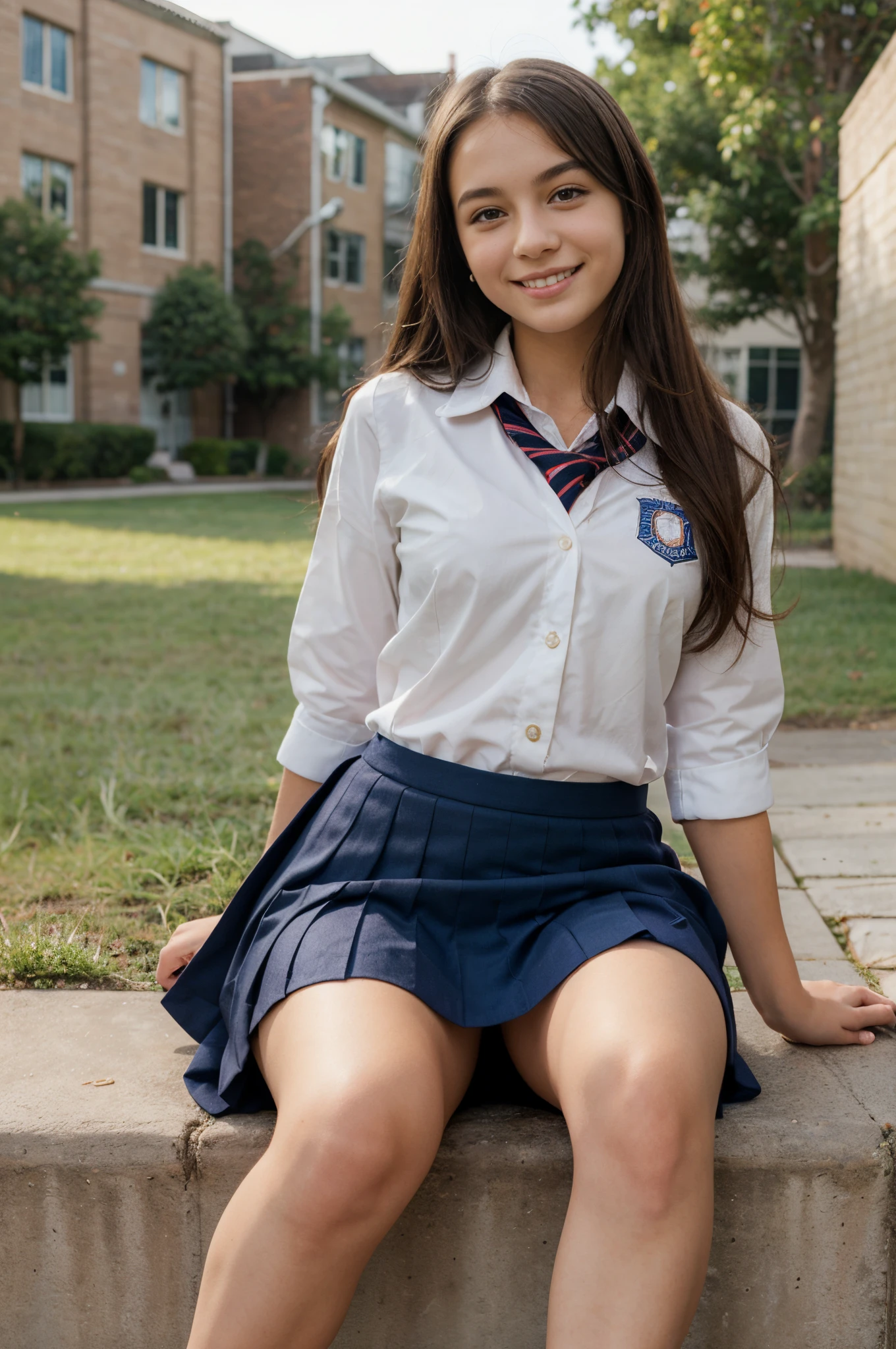 1girl,((school uniform)) ,blush,light smile, sitting,outdoors