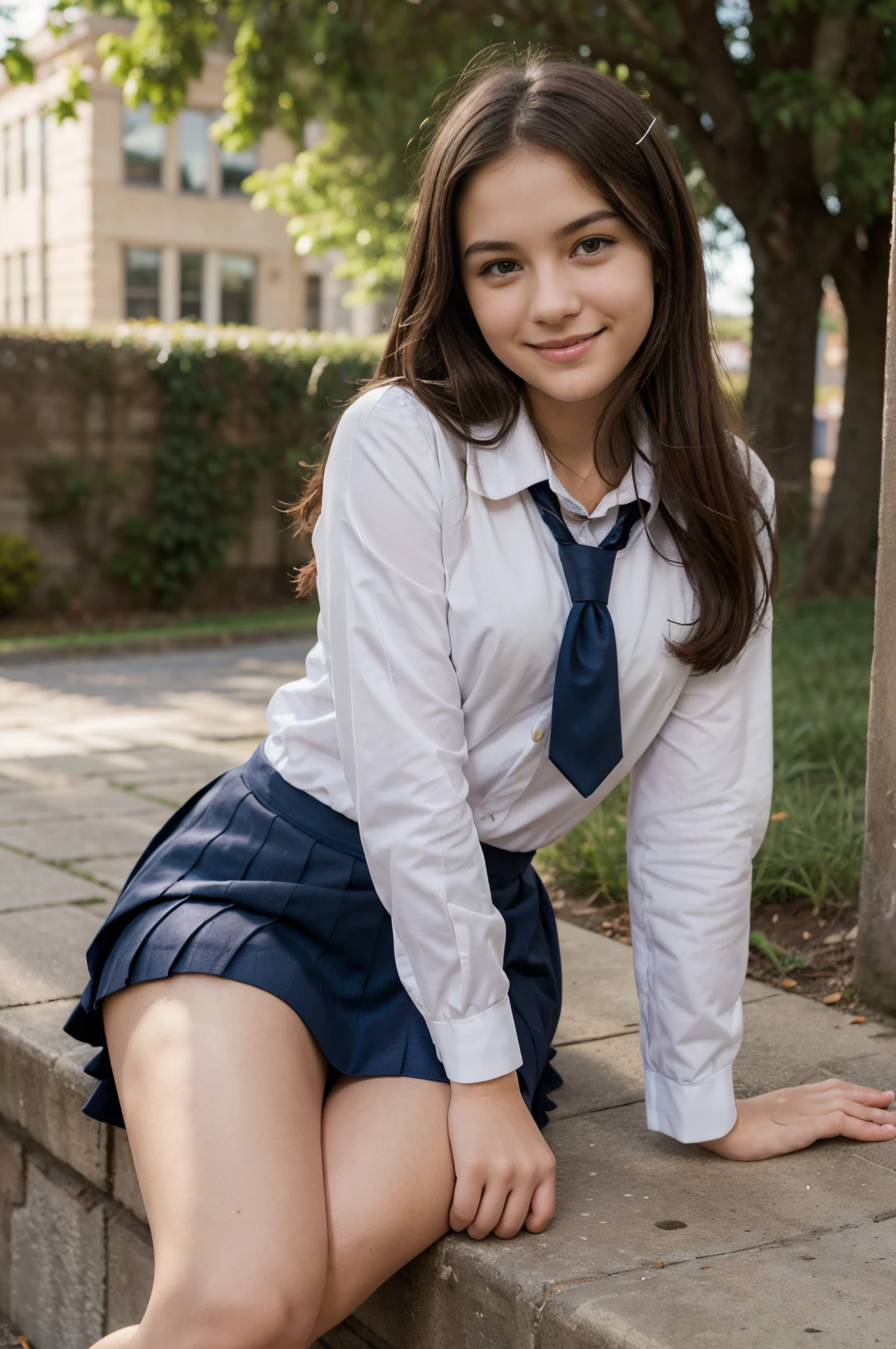 1girl,((school uniform)) ,blush,light smile, sitting,outdoors