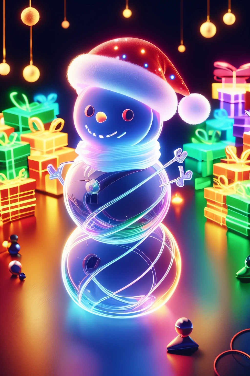 1 transparent glowing snowman wearing a Santa hat,Colorful transparent luminous plastic,Christmas decorations,Product design,luminous neon lights,Christmas background,hyper realisitc,hyper HD,high detal,best qualityer,8K