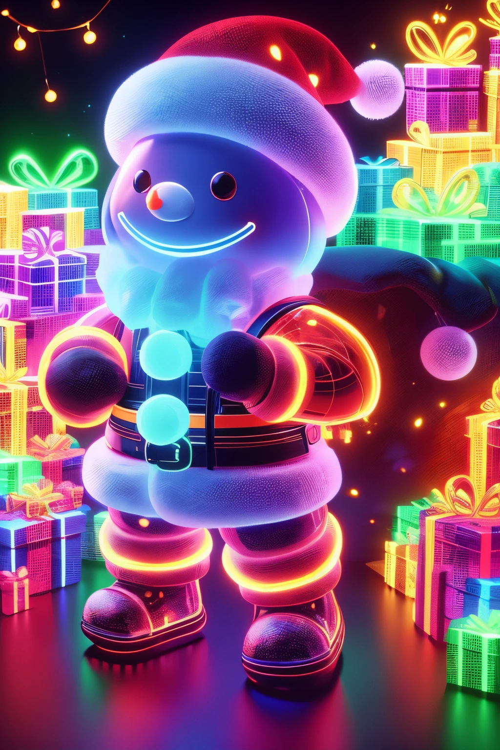1 transparent glowing snowman wearing a Santa hat,Colorful transparent luminous plastic,Christmas decorations,Product design,luminous neon lights,Christmas background,hyper realisitc,hyper HD,high detal,best qualityer,8K