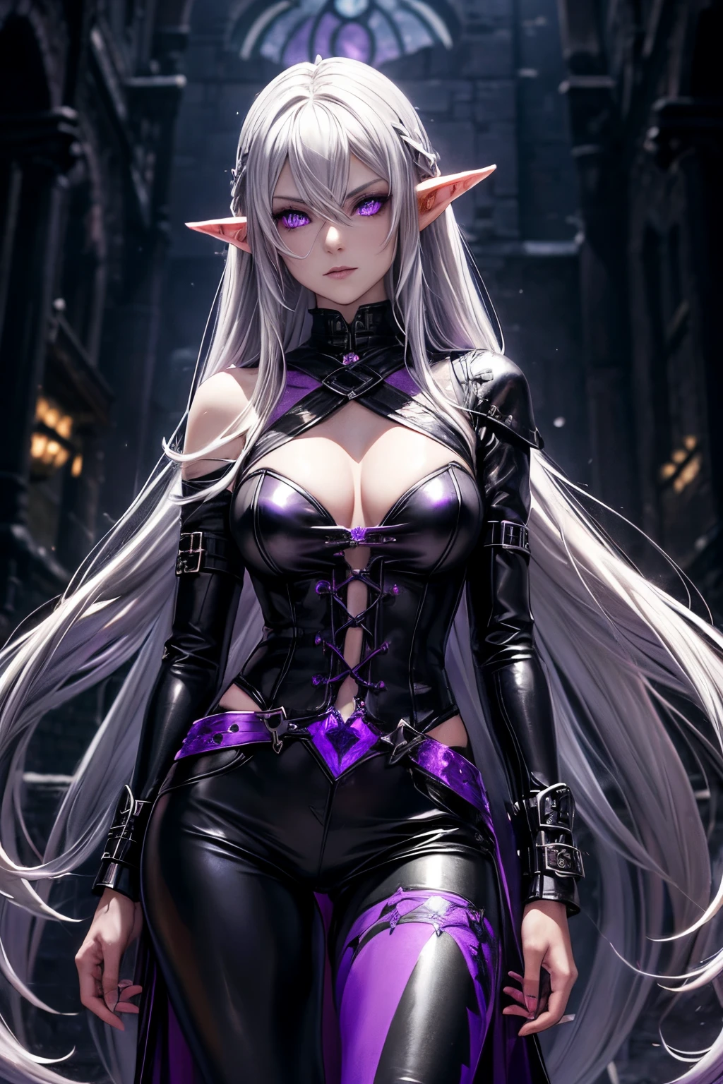 A tall, pretty elf with long silver hair and glowing violet eyes., dressed in dark leather pants and a top with purple inlays. Stands against the backdrop of a gothic vampire castle. The look is cold, shrill, Soft moonlight. In the hands of two richly decorated daggers