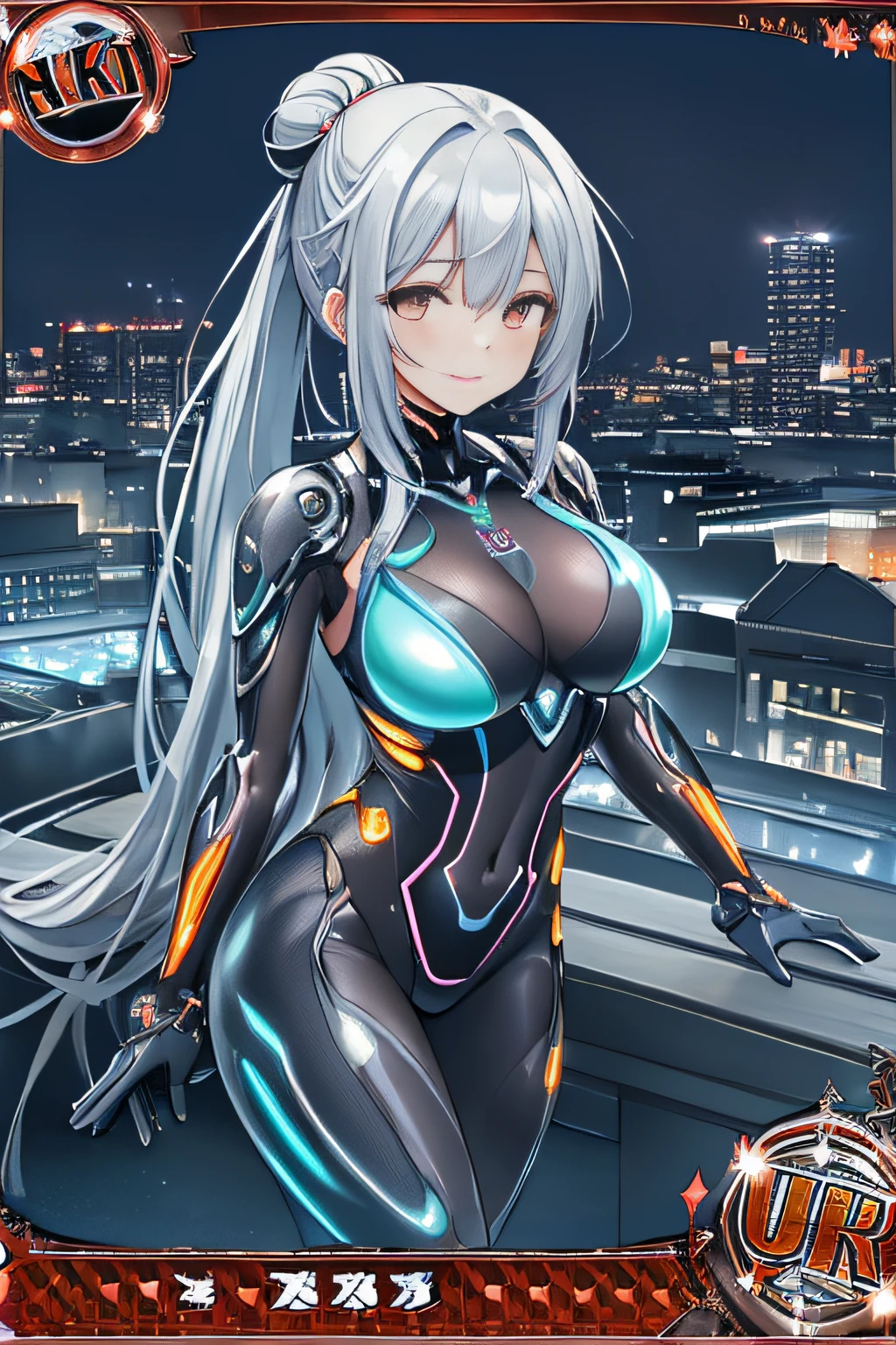 (Trading Card Game Frames:1.7),Cyber City at Night,(Gorgeous night view illumination:1.3),(Stand on the roof of a building:1.3)the actress is a very beautiful woman..(Sexy super shiny orange transparent holographic mechanical cyberpunk suit:1.3) ,(Mechanical suit that lights up with brightly colored LEDs:1.3),Surrounded by a network of wires. Surrounded by a web of circuits.Sexy face, a necklace,piercings, Happy smile.Sexy Pose, (Silver hair、Ponytail twisted buns adorned with elaborate braids and beads,Braided Setup Fishbone Hair,),(Bangs are see-through bangs),(hair pin、poneyTail、Floating hair、),breast slip,(Emphasis on large breasts:1.Professional Lighting,Cinematic Light,(masutepiece,top-quality,Ultra-high resolution output image,) ,(The 8k quality,),(Sea Art 2 Mode:1.3),,(Image Mode Ultra HD,)