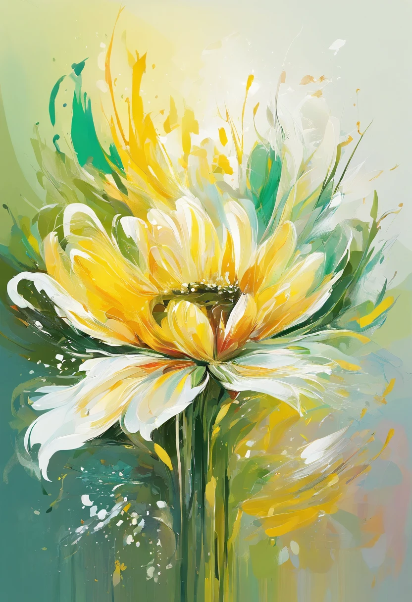 Draw an abstract painting of a single flower.,white and yellow marguerite、use acrylic paint、Abstract artist known for his unique use of acrylic pouring, real brush strokes,aesthetic composition,Minimal style, soft flowing strokes、A shape that suggests trust and stability、White marguerite represents purity、The yellow in the center symbolizes the warmth of the heart.、express feelings of trust、The main color of the work is yellow-green.、Bright and clean colors、Add moist compacted sand、Enhances the texture and tactile elements of your artwork, While staring at this image, oot、Interaction of color and texture、Immerse yourself in the feeling of trust、Guided by Trust