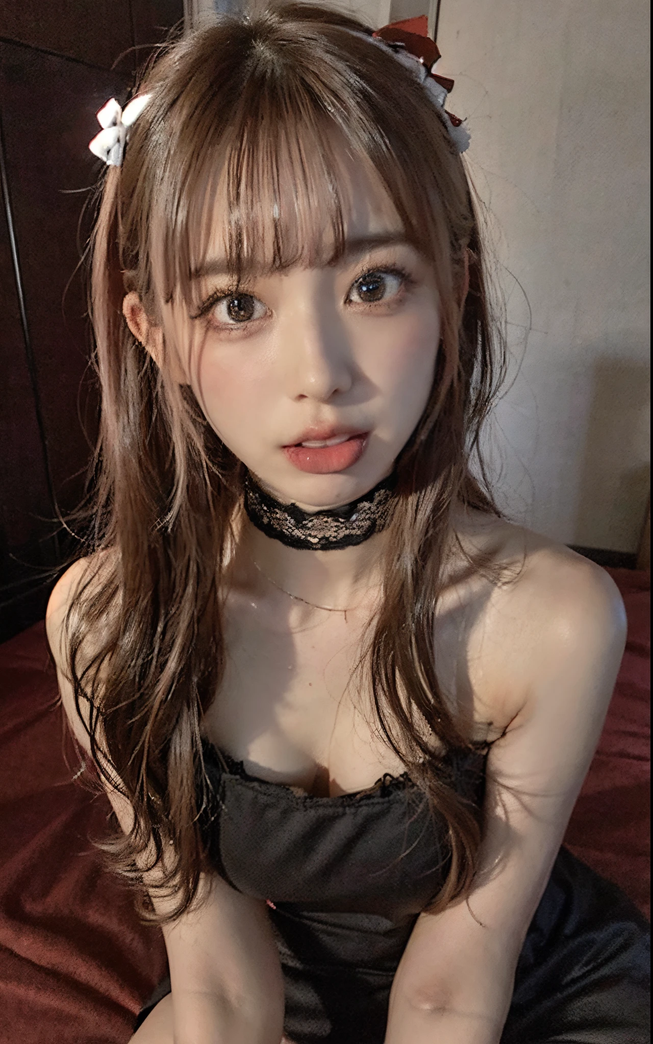 Young Gravure Idol、bewitching poses、Wearing erotic、(​masterpiece:1.3), (8K, photo realisti、Raw photography, Top image quality: 1.4)、1 18 year old Japanese girl、(One-length hair:1.3)、Super Detail Face、masutepiece、Eye of Detail、二重まぶた、foco nítido:1.2、prety woman:1.4、light brown hair、top-quality、超A high resolution、(Photorealsitic:1.4)、slender、Ribs appear to float、high-detail、(Colossal tits)、Physiologically correct delineation、
(stick out her tongue)、(tongue)、超A high resolution、Photorealistic、Best Quality、Cat ears、Choker、Tank top、close up of face、(Ahegao)、Kneeling、Ah face、Open your mouth wide、Stick out your tongue and receive、Ecstasy、Face up、Shoot from above、(Tongue sticking out)、Ecstatic look、Delicate fingertips, Complex fingertips、Wet skin、lotion、(NSFW)、 eyes up、Eyes roll back、Zero Two