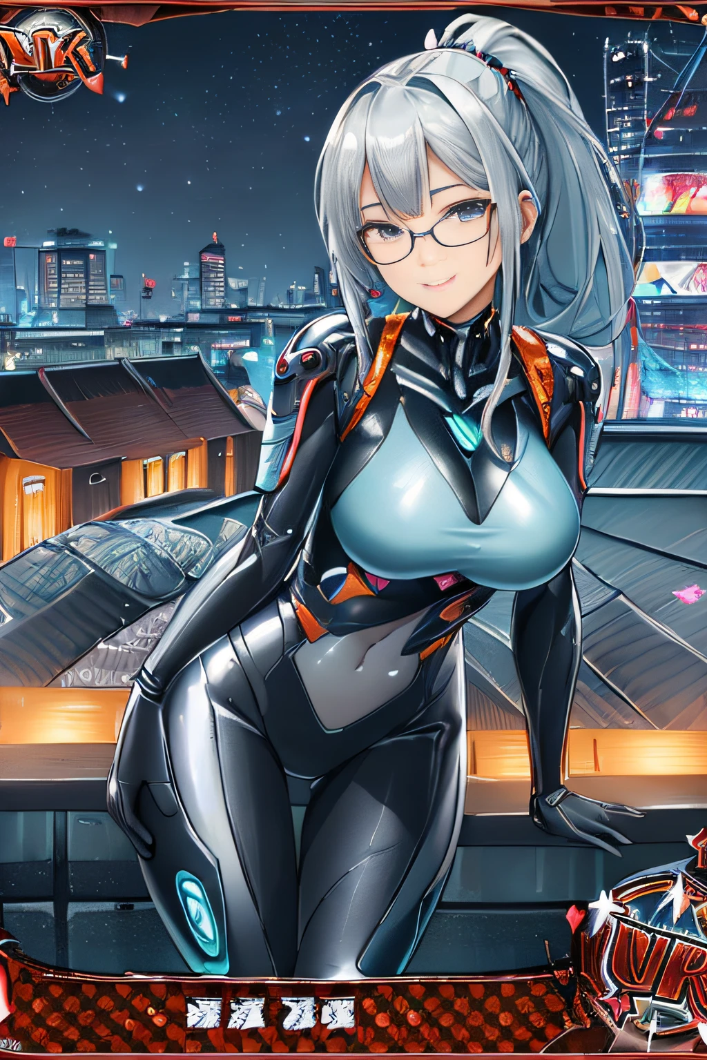 (Trading Card Game Frames:1.7),Cyber City at Night,(Gorgeous night view illumination:1.3),(Stand on the roof of a building:1.3)the actress is a very beautiful woman..(Sexy super shiny orange transparent holographic mechanical cyberpunk suit:1.3) ,(Mechanical suit that lights up with brightly colored LEDs:1.3),Surrounded by a network of wires. Surrounded by a web of circuits.Sexy face, a necklace,piercings, Happy smile.Sexy Pose, (Silver hair、Ponytail twisted buns adorned with elaborate braids and beads,Braided Setup Fishbone Hair,),(Bangs are see-through bangs),(hair pin、poneyTail、Floating hair、),breast slip,(Emphasis on large breasts:1.Professional Lighting,Cinematic Light,(masutepiece,top-quality,Ultra-high resolution output image,) ,(The 8k quality,),(Sea Art 2 Mode:1.3),,(Image Mode Ultra HD,)