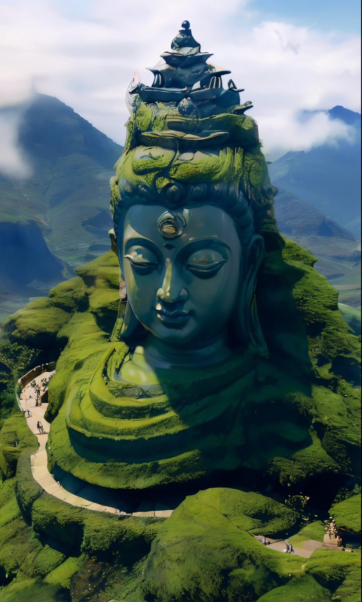 Close-up of a statue of a man on the hill, a Buddhist Buddha, fo, , , matte painting of human mind, shaved temples, The  very detailed, Beautiful images, 4k highly detailed digital art, High-quality images, author：John Ragatta, buliding, Beeple e Jean Giraud, Avalokitesvara, David Boyd，8k，ultraclear