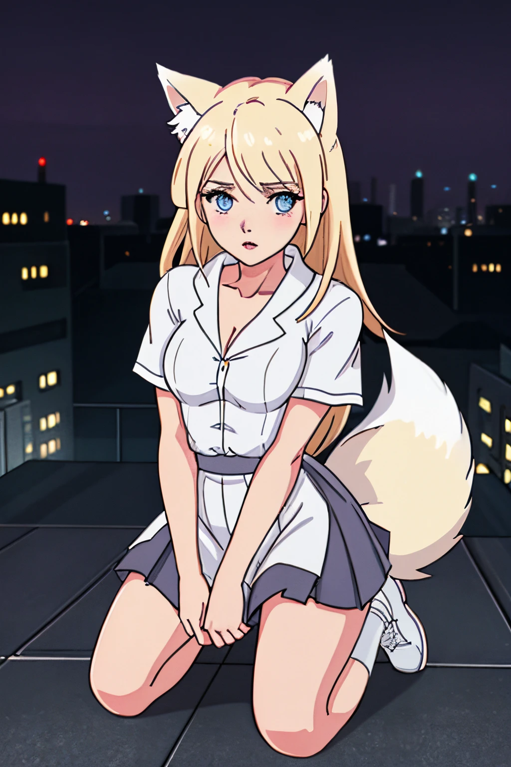 close up 1girl in, teenager, Solo, Aesthetic artwork, blond, straight blonde hair, super long blonde hair, light blue eyes,  some small freckles, pale skin, small breasts, cleavage, runners body, (thin hips, thin waist: 1.25), detailed skin, neutral face, parted lips,(action shot kneeling: 1.25), wearing a short sleeve button down white blouse, unbuttoned, short pleated skirt pink, school girl uniform, (white fox ear, white fox tail:1.25), (full body: 1.1), very detailed city roof background, rooftop, overlooking midnightcity, 24mm, 4k textures, soft cinematic light, RAW intricate, elegant, highly detailed, sharp focus, ((((cinematic look)))), soothing tones, insane details, intricate details, hyperdetailed, low contrast, soft cinematic light, dim colors, exposure blend, hdr, faded
