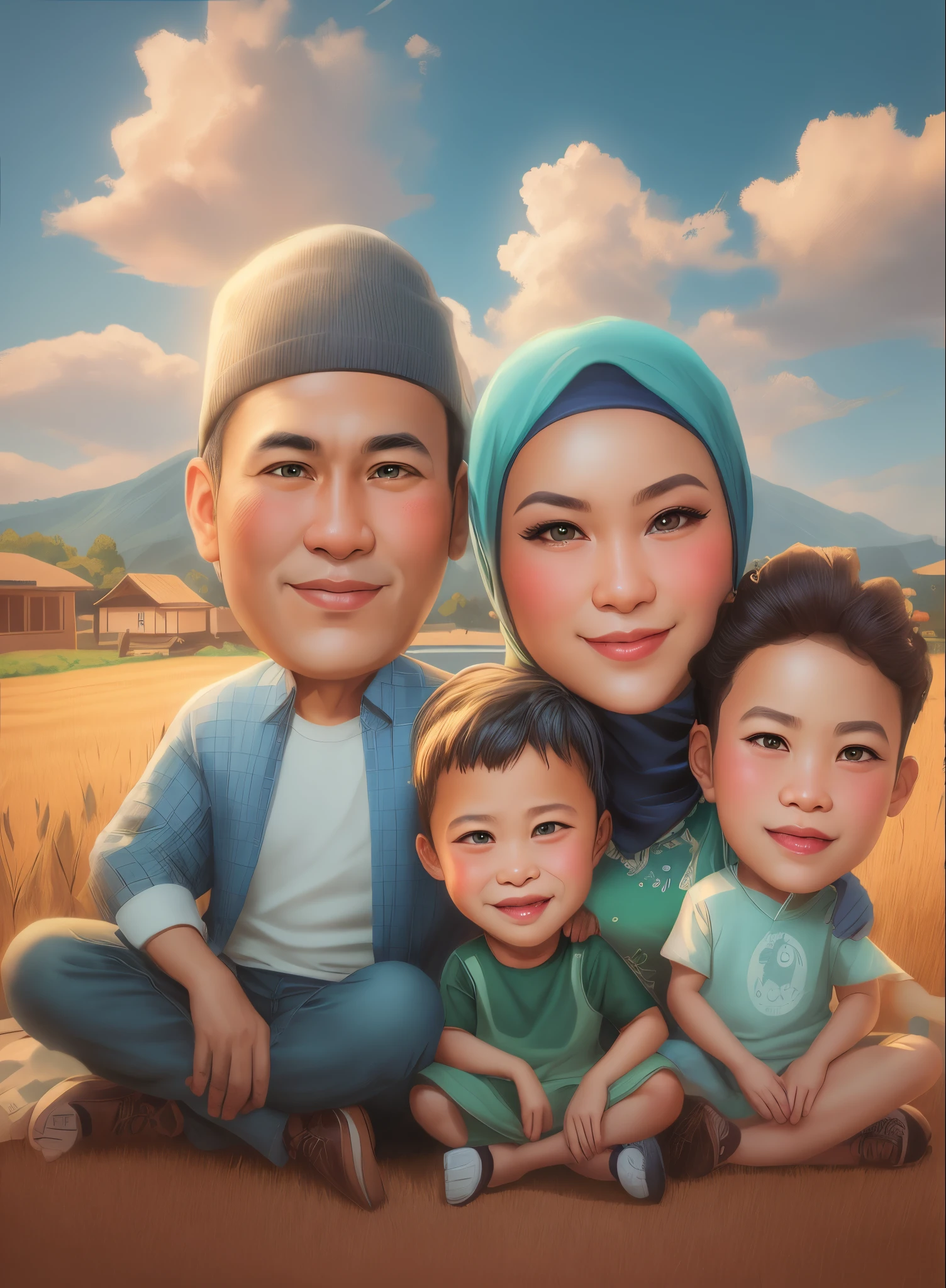 a close up of a cartoon of a family sitting on a field, an indonesian family portrait, happy family, in cartoon style, caricature illustration, potrait, barong family, cartoon digital painting, digital art cartoon, cartoon artstyle, cartoon digital art, digital cartoon painting art, caricature style, realism artstyle, cartoon art, cartoon portrait, style of cartoon, (hiperrialisme:1.1),(detail:1.2),8k,bokeh