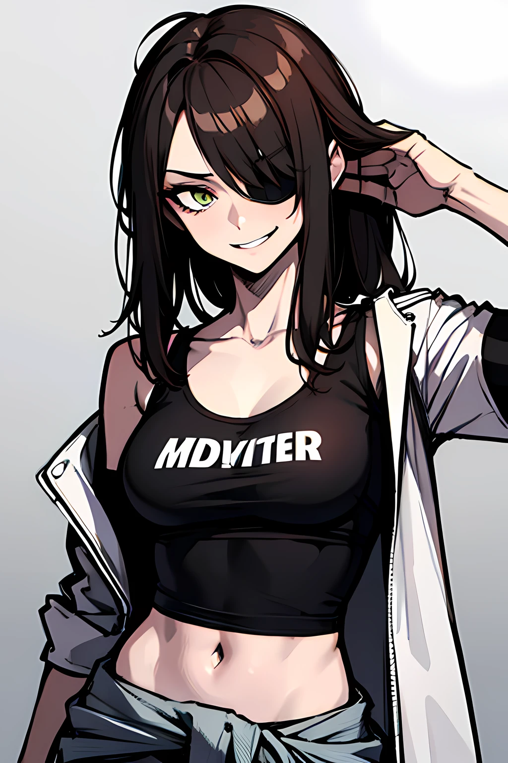 (absurdres, 8k, 4k, masterpiece, hyper extreme detailed:1.2), solo, 1girl, front view, portrait, best quality, expressive eyes, perfect face, 1girl, portrait, solo, standing, Female, toned body, mature female, small breasts, pale, hair covering one eye, dark brown hair, long hair, eyepatch, sarcastic, snarky, soldier, , hazel eyes, shorts, delinquent, sarcastic, white jacket tied around waist, graphic t-shirt, smirk, crazy eyes, messy hair, swept bangs, midriff, hand on head, hand on shoulder, exposed collarbone, exposed left shoulder,