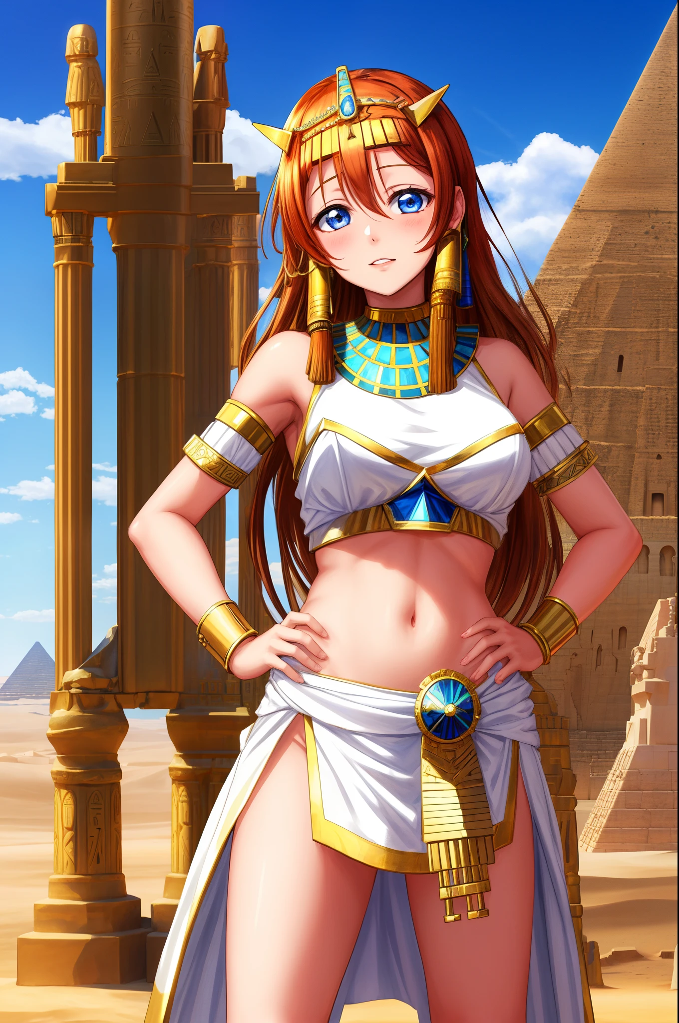 ((Masterpiece)), 8k wallpaper,kousaka honoka, blue eyes,skshonone ,(hand on hip),thighs, (white Egyptian dress), midriff,tiara,in Egyptian desert,sun and pyramid in background.