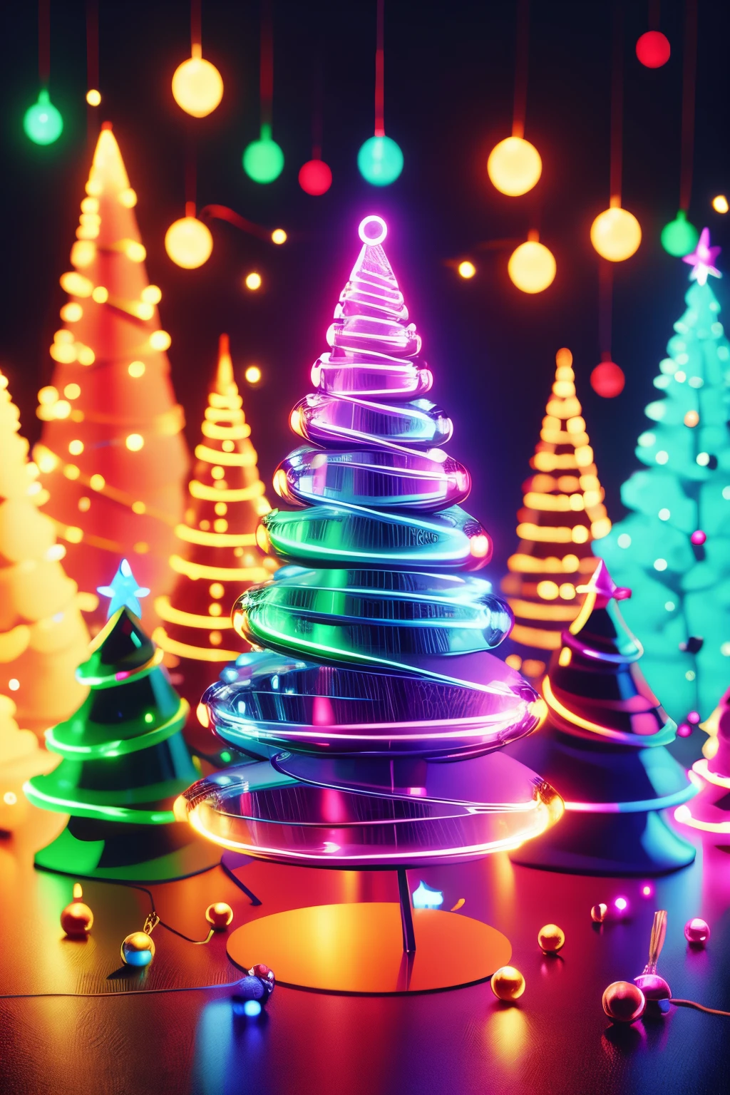 1 transparent glowing Christmas tree，Colorful transparent luminous plastic，Christmas decorations，Product design，luminous neon lights，Christmas background，hyper realisitc，hyper HD，high detal，best qualityer，8K