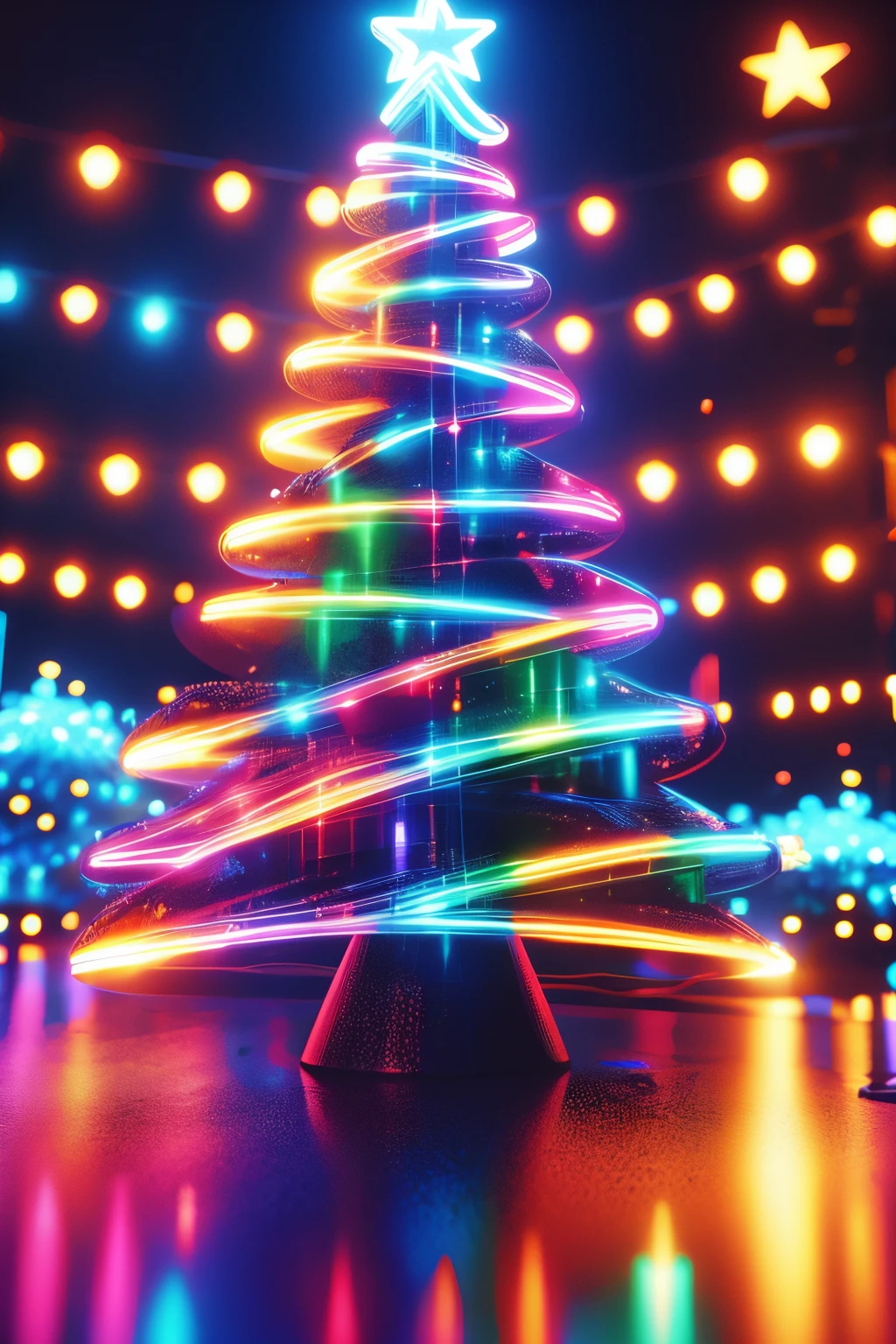 1 transparent glowing Christmas tree,Colorful transparent luminous plastic,Christmas decorations,Product design,luminous neon lights,Christmas background,hyper realisitc,hyper HD,high detal,best qualityer,8K