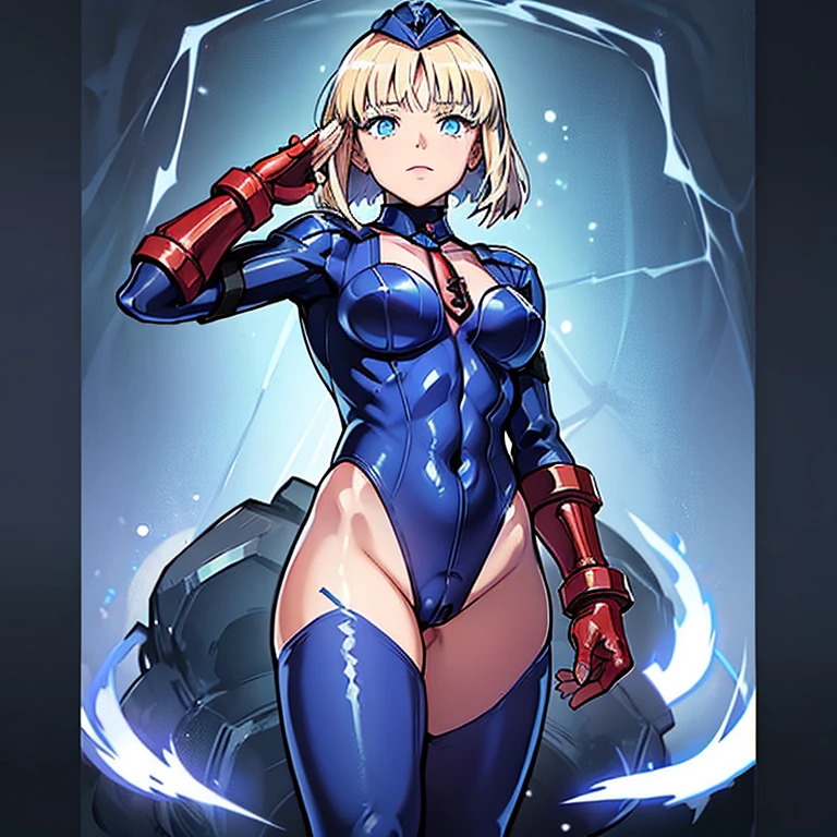 Masterpiece, Best Quality, Highly detailed, illustration, absurdres, street fighter, doll suit, shadaloo doll, nazi saluting, military, military saluting, salute, 3girls, team squad, expressionless, blank eyes, looking at viewer, red gloves, emotionless, black latex, corrution, zofa suit, zofa soldier, mind control, female combatant, full body, hypnotized, standing, standing at attention, unhappy trance, full body suit, leotard, perfect female body,sajou manaka, Fate/Prototype, blode hair, blue eyes