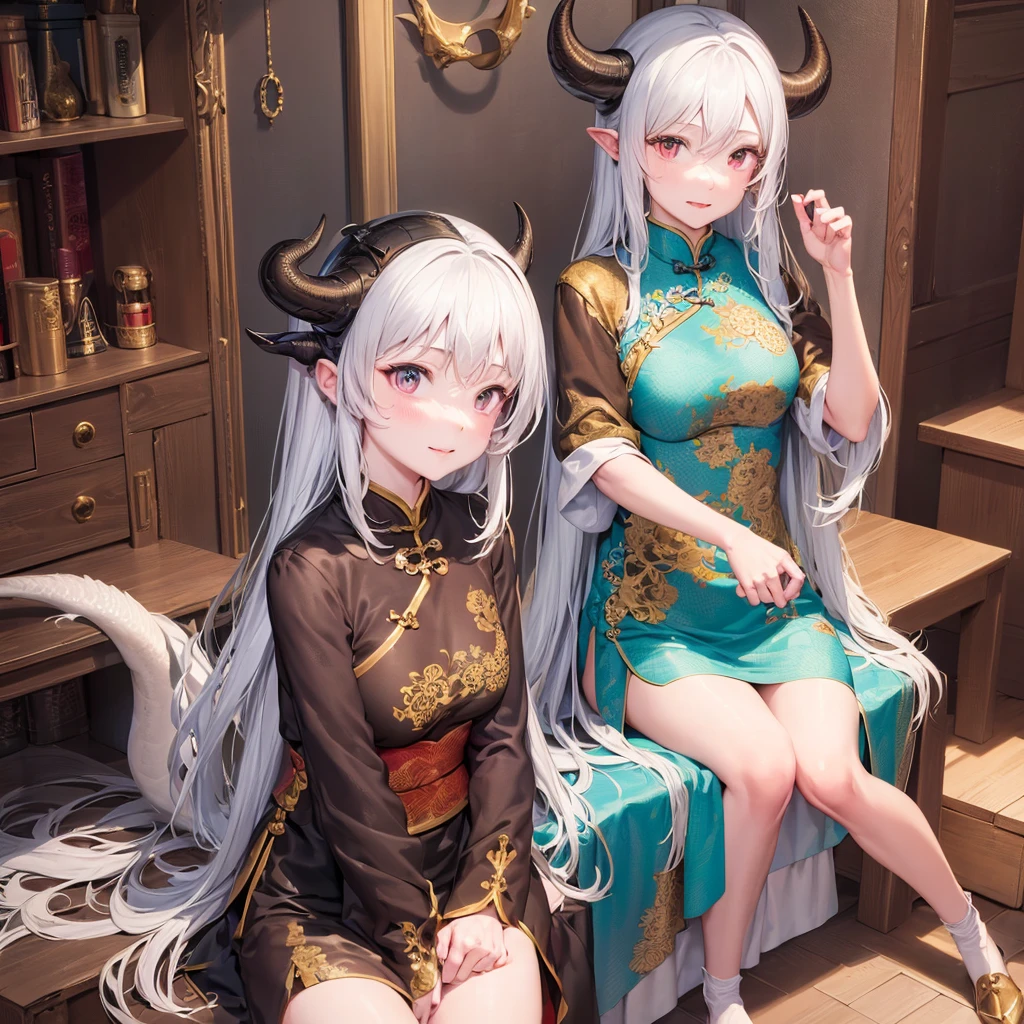 Long silver hair、hime-cut、Golden Eyes、eye glasses、ssmile、early  girls、flat chest、Thin pubic hair、Beautiful open legs、bath robe、chies