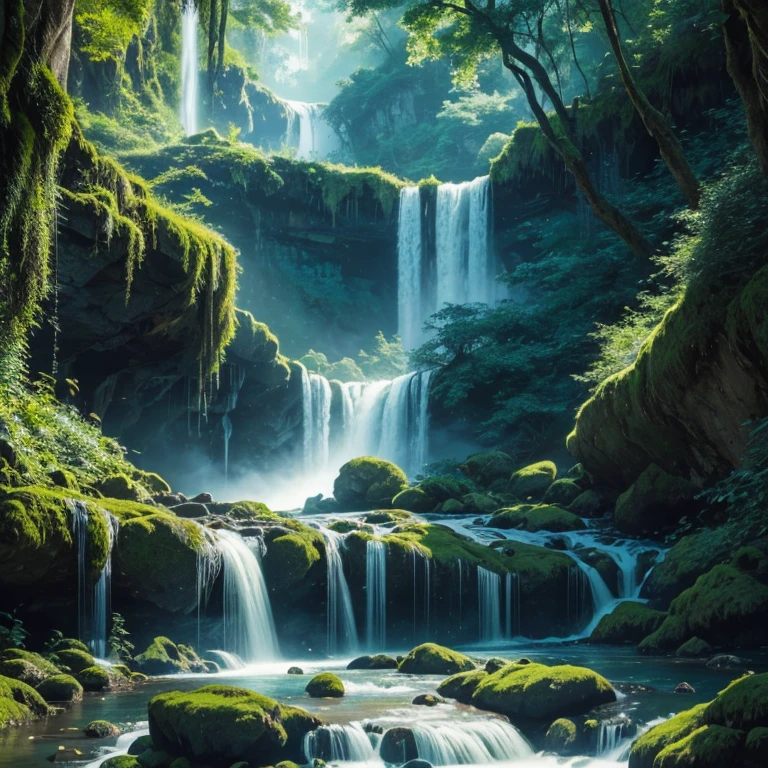 A serene cascade descends gracefully amidst lush, emerald foliage, its crystalline waters dancing in the sunlight's embrace. Veils of mist cloak the surrounding rocks, creating a dreamlike aura. The cascading flow forms intricate patterns, painting a mesmerizing scene of nature's grandeur. A symphony of tranquility and raw beauty, captured in the breathtaking cascade of this picturesque waterfall.