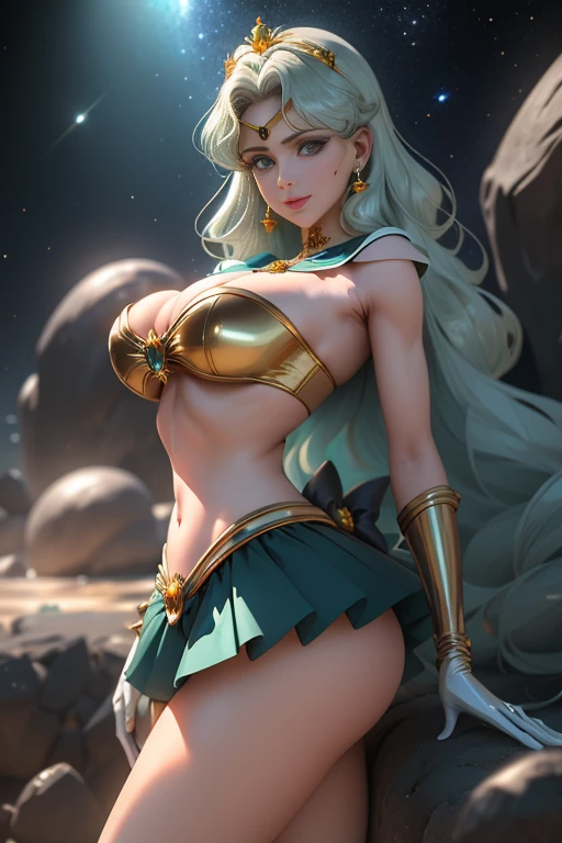 cheio: 1.3, stand, master part, ............3d, Realistic, Ultra Micro Fotografia, qualidade superior, ultra detalhado CG unidade 8k papel de parede, de baixo, detalhes intrincados, (1 mulher), 28 anosARINHEIRO NETUNO:1.4,Uniforme Sailor Senshi:1.3,Meishaonv),Longos cabelos ondulados verdes-escuros,fluttering in the wind,(malha branca:1.4、Luxury Gold Decoration,Tiara dourada luxuosa na testa: 1.2, bare arms: 1.2, Long white latex gloves with luxurious golden decoration: 1.2, Very uniform and suitable high-gloss silver holographic leather: 1.3,Updo prateado ousado e sexy em gravette de pernas altas: 1.2, Golden brooch with huge dark blue metallic ribbon on the chest: 1.3,Sexy pre-gate mini skirt: 1.1, pre-gate miniskirt,luvas verdes-escuras nos cotovelos,),(seios grandes:1.4、esbelta e musculosa,abdominais musculosos,Rosto muito pequeno,Sexy and dynamic model pose,tall and perfect proportions, pernas longas e sexy, coxas musculosas,oversized buttocks,), (very large bow on the buttocks: 1.3, gargantilha, clivagem, sexymente ousadamente grande, Brincos em forma de anel de ouro, high heels with shiny laces and luxurious golden decor),
((sorriso sedutor, cara muito bonita, Detalhes do rosto: 1.5, Olhos azuis Brilhantes, beautiful face, olhos bonitos, olhos brilhantes, lips up to: 1.3, up to, Sharp, pale eyebrows, long dark eyelashes, Double eyelashes)), (Lindas asas brancas enormes), visible pores, perfect hands: 1.5, very dramatic images, octane rendering, Luz natural forte, sunlight, exquisite lighting and shadows, Dynamic angles, ( netuno, deep sea space background, divindade do mar, dynamic wave background, chapinhar, water bubbles, fora, ..........lua, Dynamic background, Antecedentes detalhados,), Harpa DSLR, foco: 1.0, Maximum clarity and sharpness,