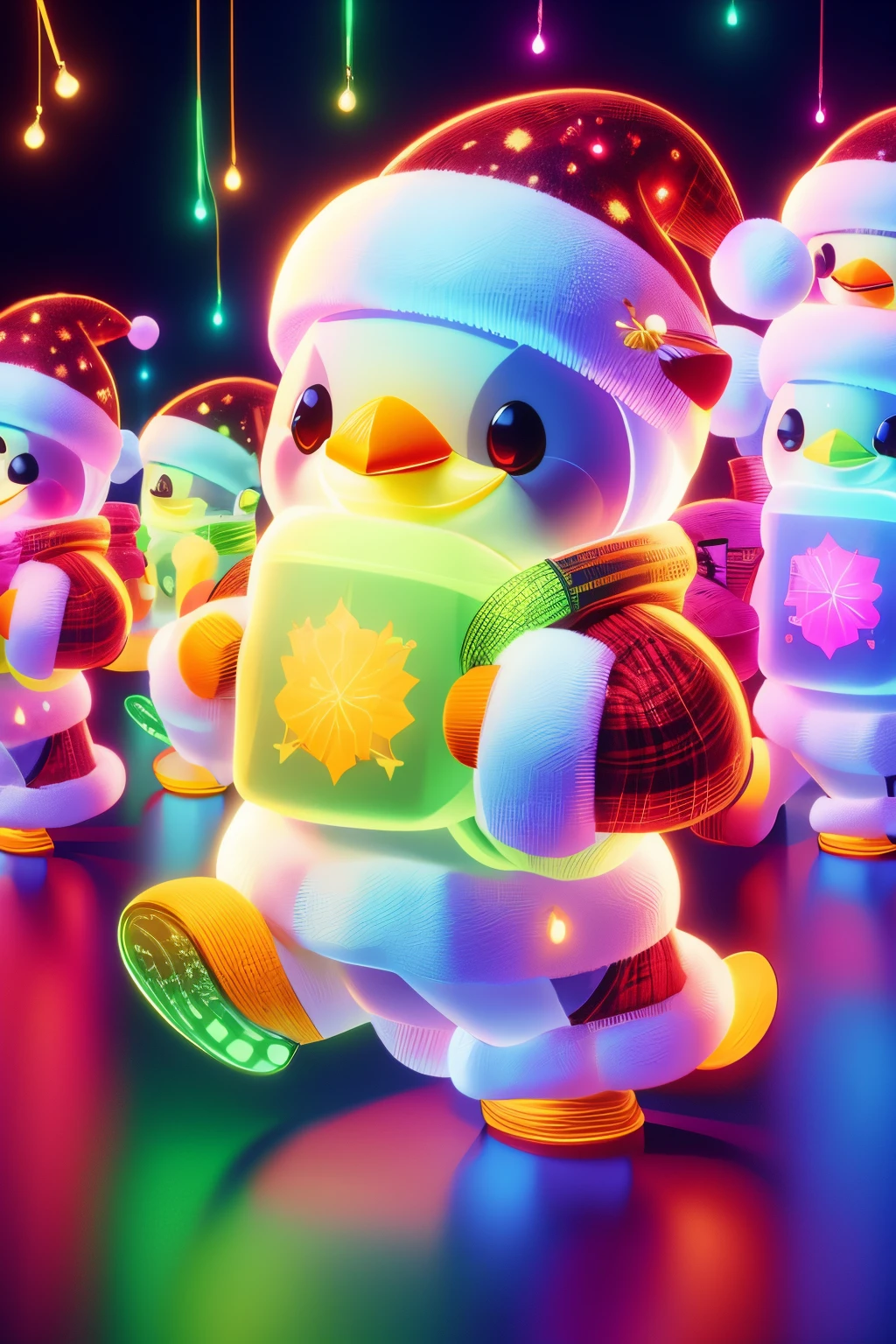 1 transparent glowing cute Christmas penguin，Colorful transparent luminous plastic，Christmas decorations，Product design，luminous neon lights，Christmas background，hyper realisitc，hyper HD，high detal，best qualityer，8K