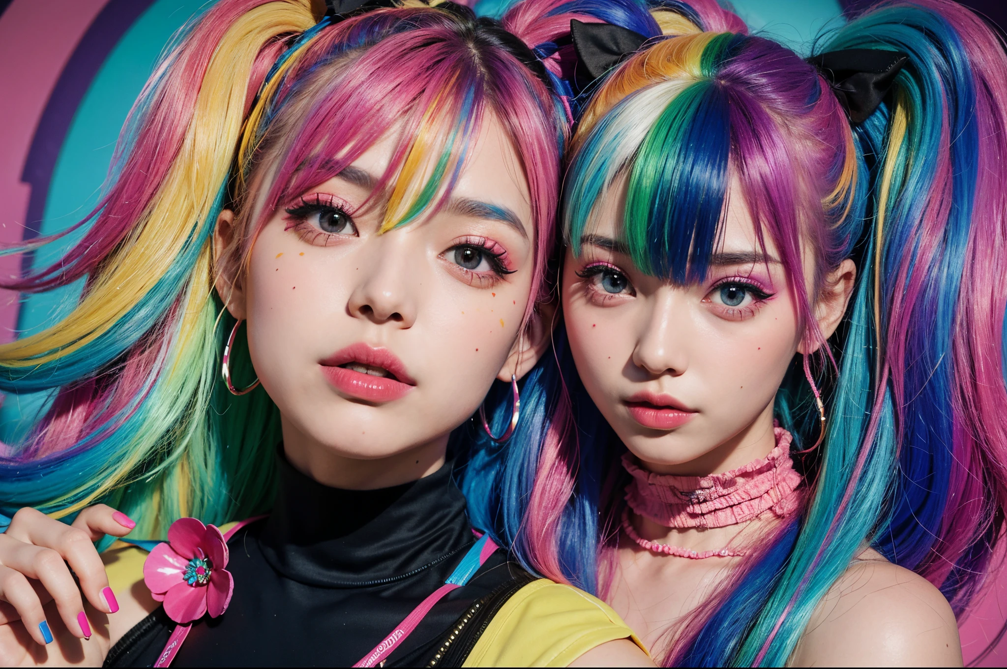 Two beautiful girls with colorful hair and makeup pose for a photo., Hyper colors, colorfully]", Harajuku Hair, Colorful photos, Crazy colorful makeup, Very colorful., Anime style mixed with Fujifilm, intricate detailed, Portrait of a female man, very high details, 8k, UHD, hyperdetailed,