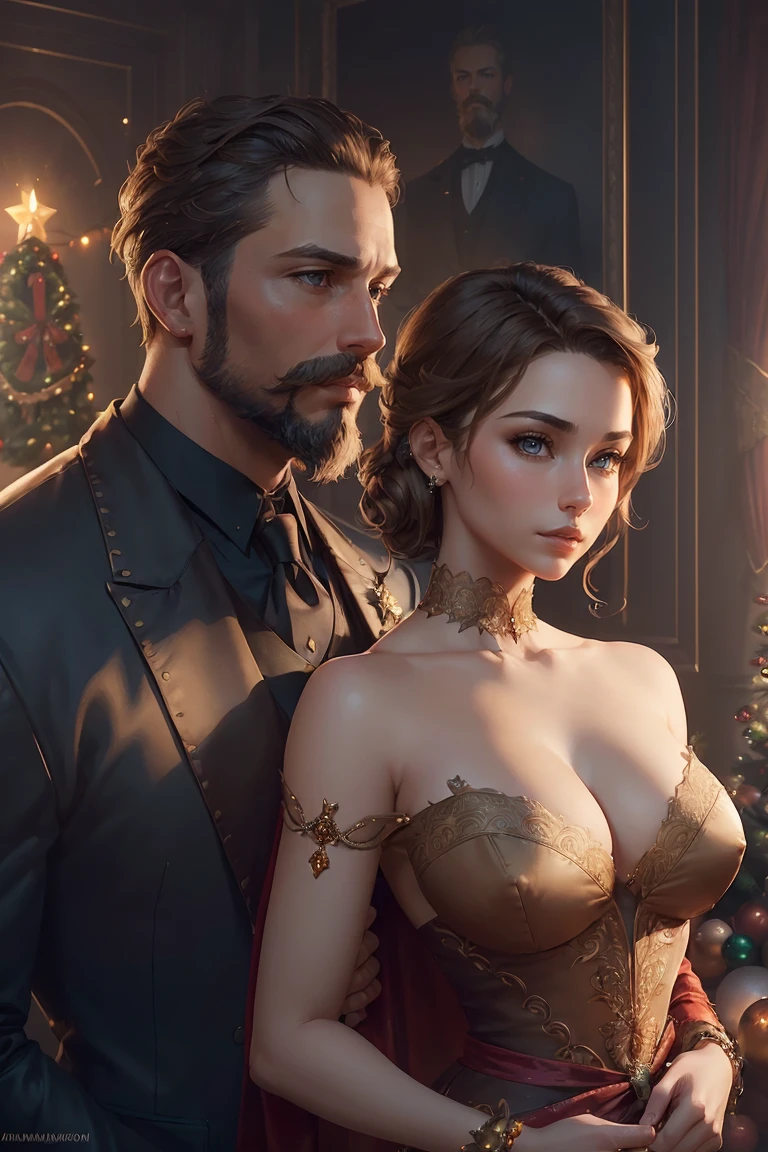 ((A couple in love)), ((woman with brown hair wearing a gown small breast)), standing with ((a masculine man with short blonde hair and a full blonde beard with mustache, in a suit)), blue eyes, hair with many details, 8k artgerm bokeh, fanart best artstation, render photorealistic, guweiz-style art, inspired by WLOP, ig model | artgerm, detailed waist up portrait, stunning wait up portrait of realistic face, beautiful waist up portrait, deviantart artstation cgscosiety, cinematic realistic portrait, high quality portrait, elegant digital painting, photorealistic artstyle, ((gothic Christmas living room background)), ((looking at the camera))