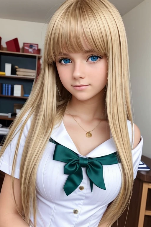 Beautiful 15 year old shy blonde girl in sailor uniform with mini skirt, beautiful green eyes, big tits, long blonde hair, at school, long thick bangs, ultra detailed hair, disheveled, the most beautiful face in the world , golden hair, flirting, looking at the viewer, sexy, very pretty, sexy, schoolgirl, French, bare shoulders, closed mouth.