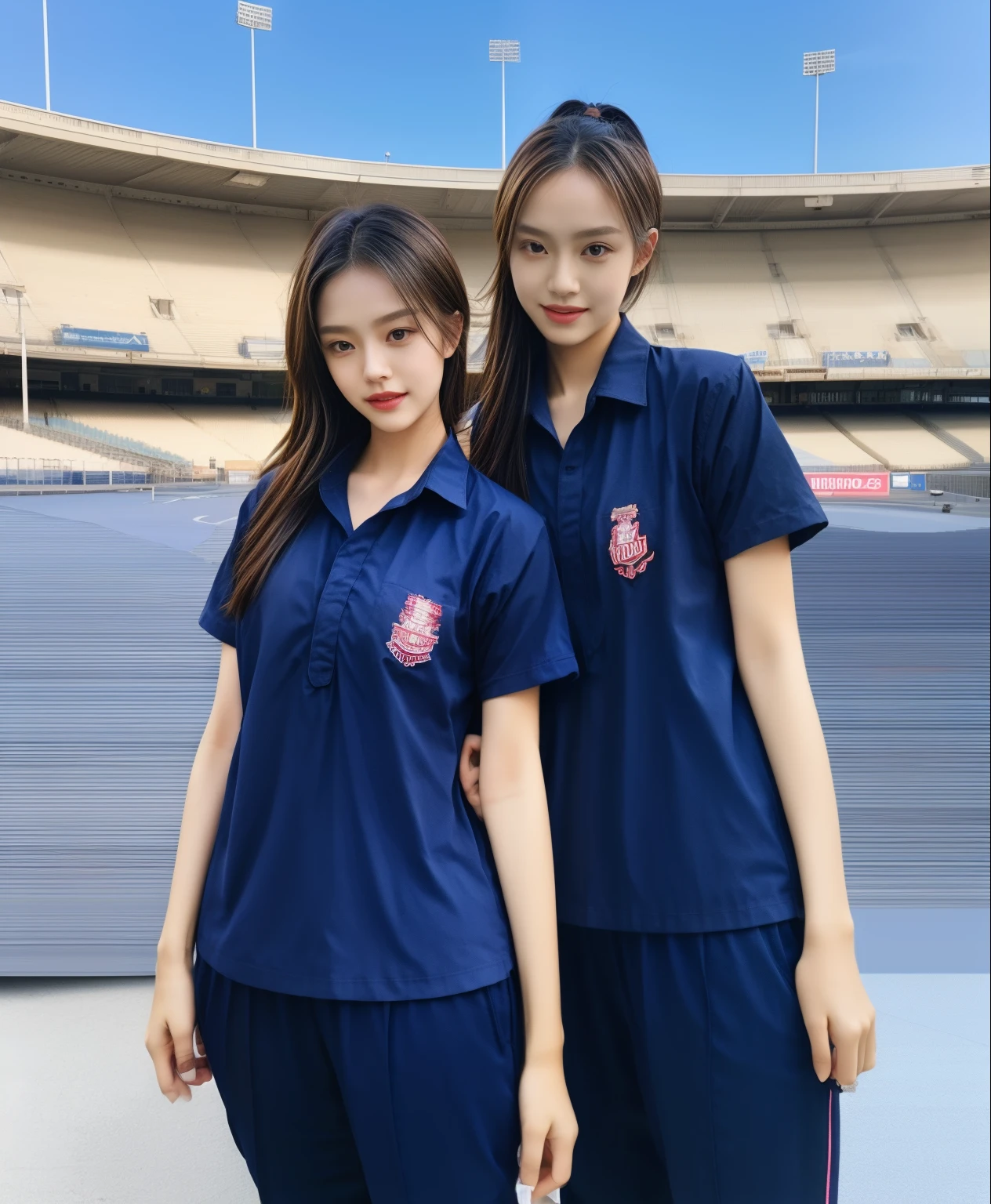 (bestquality,10,10,highres,masterpiece:1.2),ultra-detail,(Realistic,photorealistic portrait,photo-realistic:1.37),1 Cute girl in the football field,oily shiny skin,bara,light smile,BDclothelue shirt:1.3)),short sleeves,shirt, trousers.,(navy_long_Pants Track:1.1), ((Stadium Background:1.3)),dynamic angle,excited,face focus,Dynamic Poses,from behide,Ass Focus,masterpiece, bestquality, ultra realistic, hyper-detail, 8k resolution, RAW photo, crisp focus, ((Navy blue shirt:1.1)), short sleeves, Long Path, Perfect body, 2 mature women, 18yo, cinematic light,Blue sweatpants,Gymware,Correct anatomy,Complete body, Correct body, sharp face, Anatomically correct body, full entire body, Realistic gestures, long-haired, Realistic poses,Wear long shorts................................,Long leg span,Shapely,Sculpting Girl, Slender Figure, mannequin mannequins, Shapely, Beautiful body,Blue sweatpants, Two girls kissing