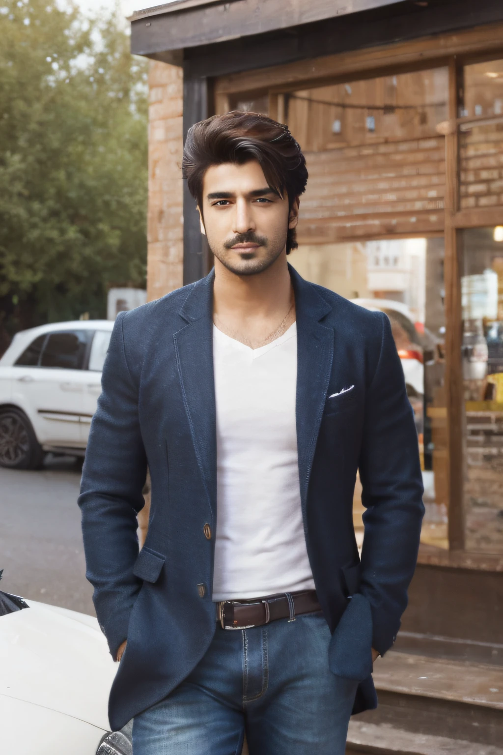 create a handsome image of Aarav khanna standing near a car in a coffe shop