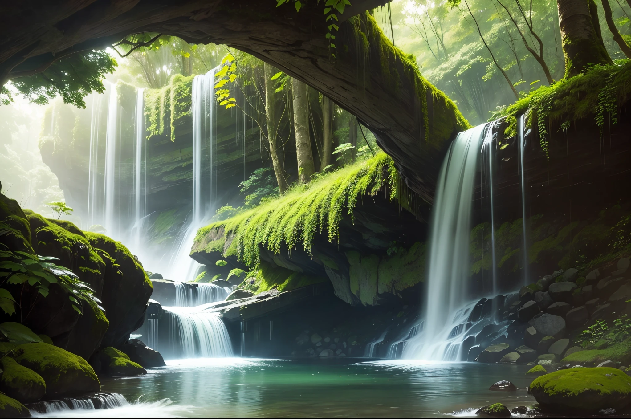 2D, A cascading waterfall surrounded by lush green forest, with sunlight filtering through the leaves and creating shimmering rainbows.