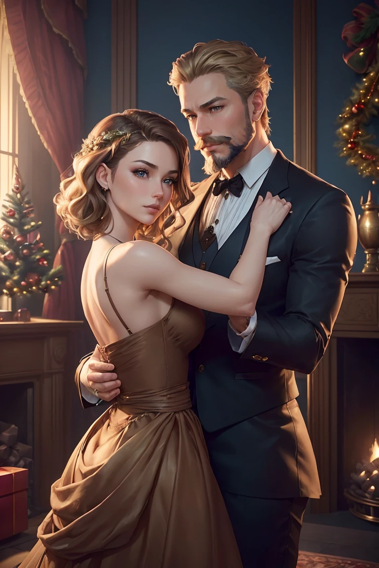 ((A couple in love)), ((woman with brown hair wearing a gown small breast)), dancing with ((a masculine man with short blonde hair and a full blonde beard with mustache, in a suit)), blue eyes, hair with many details, 8k artgerm bokeh, fanart best artstation, render photorealistic, guweiz-style art, inspired by WLOP, ig model | artgerm, detailed waist up portrait, stunning wait up portrait of realistic face, beautiful waist up portrait, deviantart artstation cgscosiety, cinematic realistic portrait, high quality portrait, elegant digital painting, photorealistic artstyle, ((gothic Christmas living room background)), ((looking at the camera))