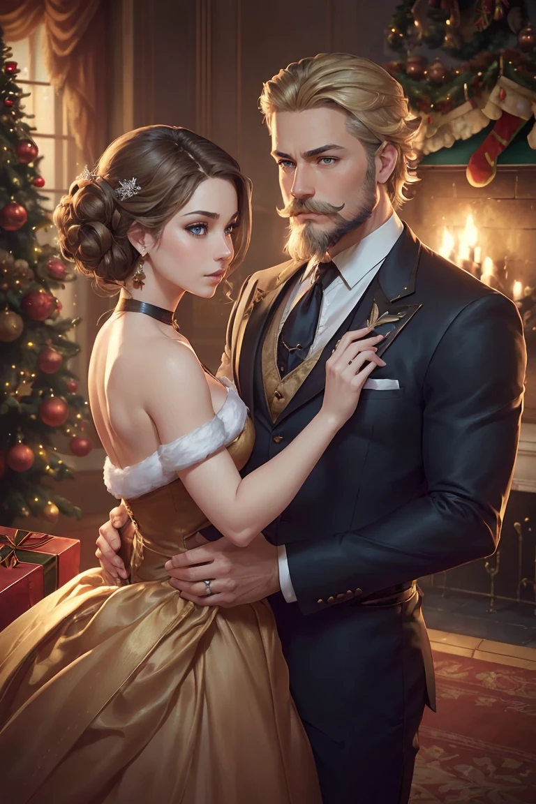((A couple in love)), ((woman with brown hair wearing a gown small breast)), dancing with ((a masculine man with short blonde hair and a full blonde beard with mustache, in a suit)), blue eyes, hair with many details, 8k artgerm bokeh, fanart best artstation, render photorealistic, guweiz-style art, inspired by WLOP, ig model | artgerm, detailed waist up portrait, stunning wait up portrait of realistic face, beautiful waist up portrait, deviantart artstation cgscosiety, cinematic realistic portrait, high quality portrait, elegant digital painting, photorealistic artstyle, ((gothic Christmas living room background)), ((looking at the camera))