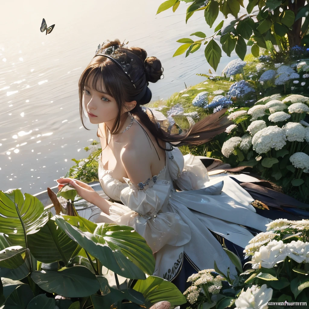 ((Extreme Detail)),(Ultra-detailed),(Painting), Chiaroscuro, the Extremely Detailed CG Unity 8K Wallpapers, Gwendolyn, Hip feathers, polearm holding,  straplessdress, diadems, Detached sleeves, Choker, Armored Thigh Boots, Feather hair bun, Facing forward, Looking at Viewer, White background, bug, butterfly, tussock, hydrangeas, fronds, mushroom, Nature, plant, apple, Looking away, Looking Up, From  above,