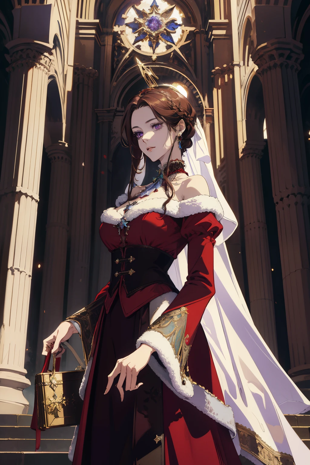 Holiday masterpiece, (absurdres:1.1), best quality, extremely delicate, (beautiful face:1.1), elegant, full clothes (great composition), bags under eyes,  (dark:1.1), highly detailed exquisite  portrait Victorian era inspiration anime - style image of a woman in a red dress standing in front of a large cathedral pretty female cleric, female cleric, inspired by Li Chevalier, cleric, dressed like a cleric, majestic saint woman, inspired by Valéria Dénes,  with a saint's halo, female protagonist 👀 :8, official character art, masterpiece goddess of sorrow BROWN HAIR purple eye color middle aged woman Christmas theme holidays December