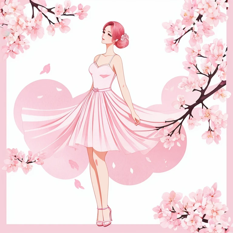 Box Package design of cherry blossom, peals illustration, pink/white watercolor style, minimal background, line draw (silhouette of elegant body shape lady, no dress), romantic atmosphere, falling cherry blossom around