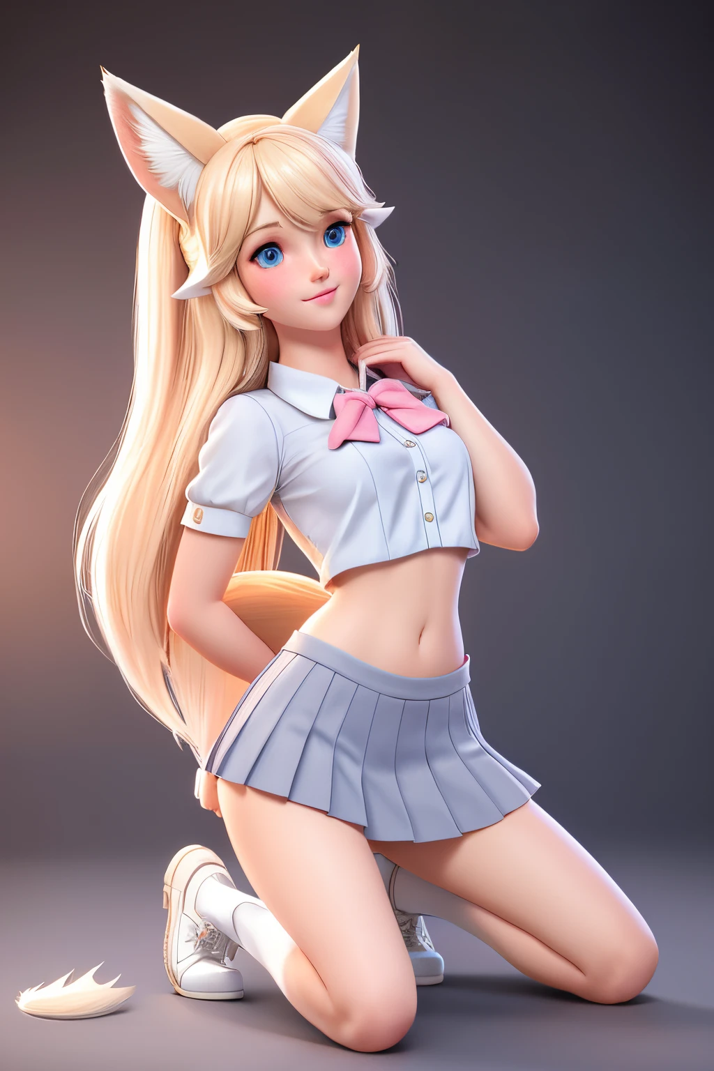 close up 1girl in, teenager, Solo, Aesthetic artwork, blond, straight blonde hair, super long blonde hair, light blue eyes,  some small freckles, pale skin, A-cup, small breasts, (large fox ears:1.25), runners body, (thin hips, thin waist: 1.25), detailed skin, shy smile, (action shot kneeling: 1.25), wearing a short sleeve button down white blouse, pink jk bow, short pleated skirt, school girl uniform, 50mm, 4k textures, soft cinematic light, RAW intricate, elegant, highly detailed, sharp focus, ((((cinematic look)))), soothing tones, insane details, intricate details, hyperdetailed, low contrast, soft cinematic light, dim colors, exposure blend, hdr, faded