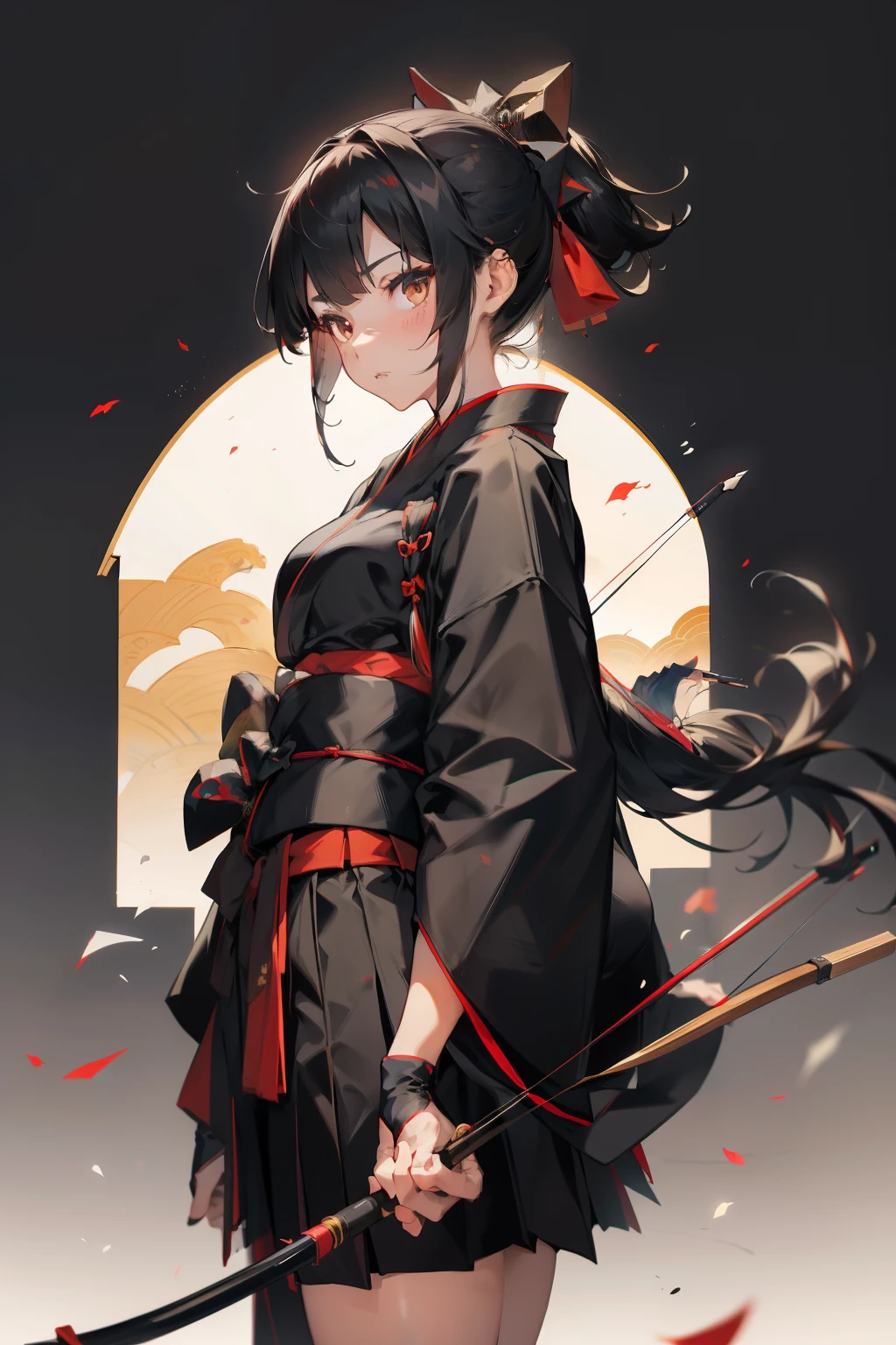 black kimono, hakama skirt,  partially fingerless gloves, muneate
1 girl in, solo, archery,bow,Arrow,