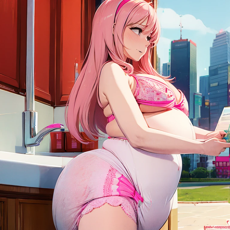 Enormous bloated expanding diaper mess, huge bloated pregnant belly, huge overflowing breast, orgasm relieved expression, butt toward viewer, pushing butt out, pov below, pink bra