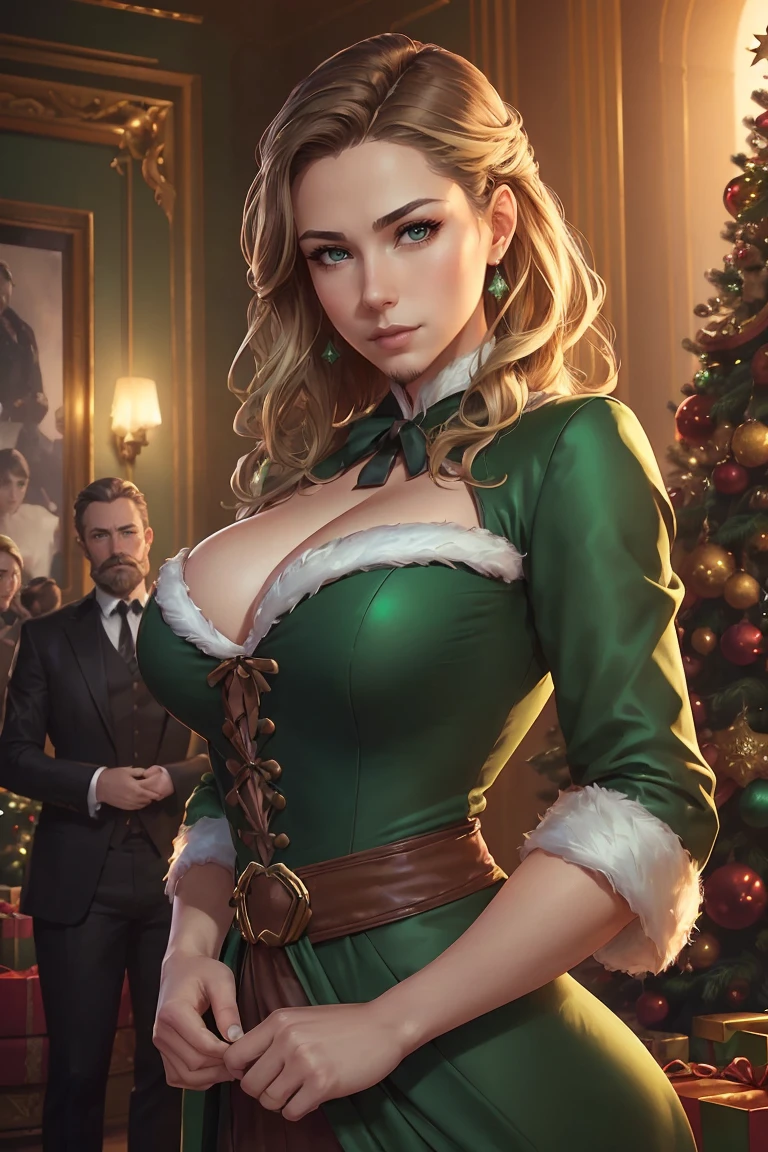 ((A couple in love)), ((woman with brown hair wearing a green gown small breast)), dancing with ((a masculine man with short blonde hair and a full blonde beard with mustache, in a green suit)), blue eyes, hair with many details, 8k artgerm bokeh, fanart best artstation, render photorealistic, guweiz-style art, inspired by WLOP, ig model | artgerm, detailed waist up portrait, stunning wait up portrait of realistic face, beautiful waist up portrait, deviantart artstation cgscosiety, cinematic realistic portrait, high quality portrait, elegant digital painting, photorealistic artstyle, ((gothic Christmas living room background)), ((looking at the camera))