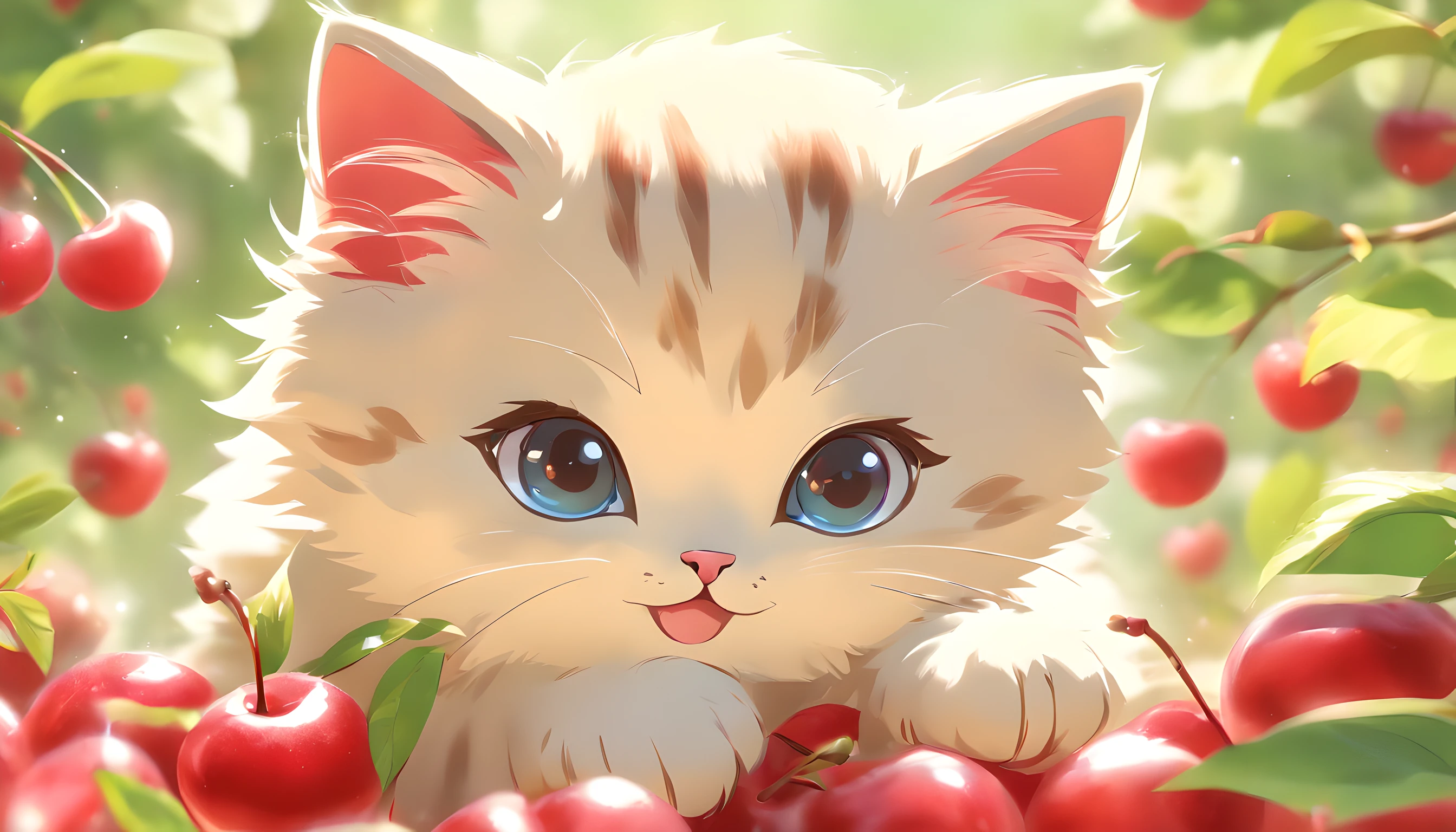 a cute vector of a kitten with cherry, anime style, M Jenni style, digital illustration, approaching perfection, highly detailed, smooth, sharp focus, illustration, 4k resolution