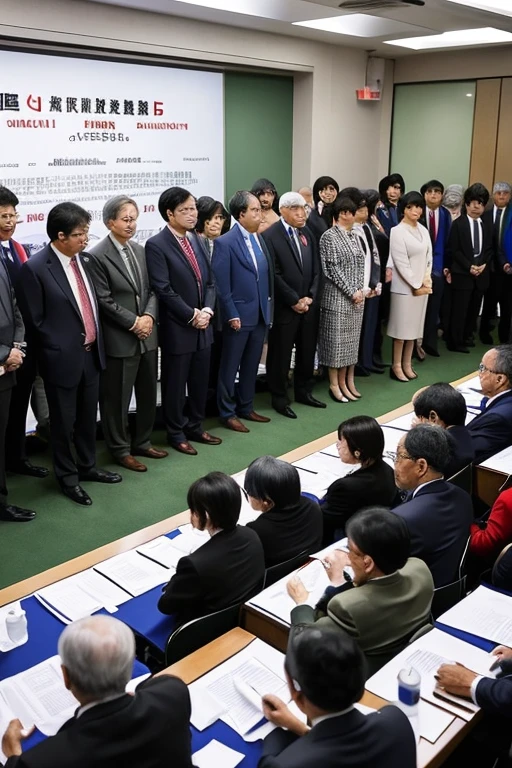 30 politicians are lined up in the press conference room.。The gender of politicians is 25 men.、5 women。The age range of politicians is 40 to 70 years old.。Image size is 1280ｘ1024