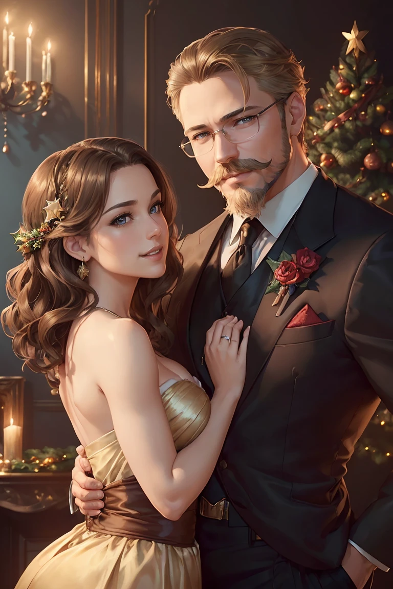 ((A happy couple in love)), ((woman with brown hair wearing a gown small breast)), dancing with ((a masculine man with short blonde hair and a full blonde beard with mustache, in a suit)), blue eyes, hair with many details, 8k artgerm bokeh, fanart best artstation, render photorealistic, guweiz-style art, inspired by WLOP, ig model | artgerm, detailed waist up portrait, stunning wait up portrait of realistic face, beautiful waist up portrait, deviantart artstation cgscosiety, cinematic realistic portrait, high quality portrait, elegant digital painting, photorealistic artstyle, ((gothic Christmas living room background)), ((looking at the camera))